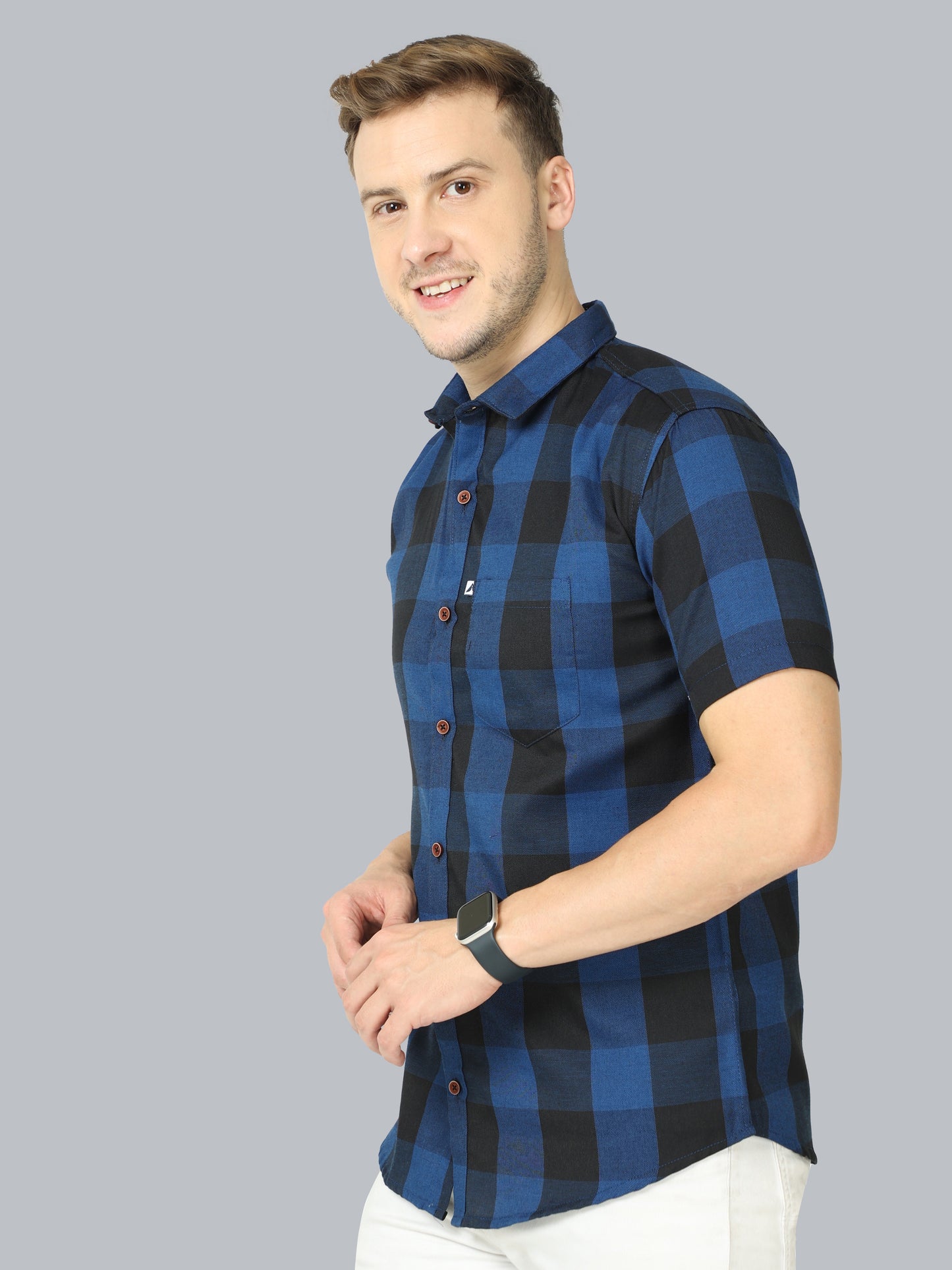 Tomtom Navy Cotton Blend Checked Shirt With Patch Pocket