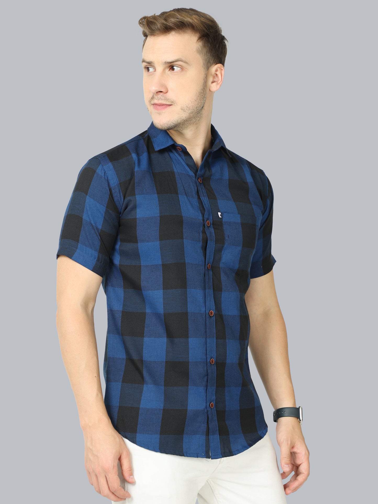 Tomtom Navy Cotton Blend Checked Shirt With Patch Pocket