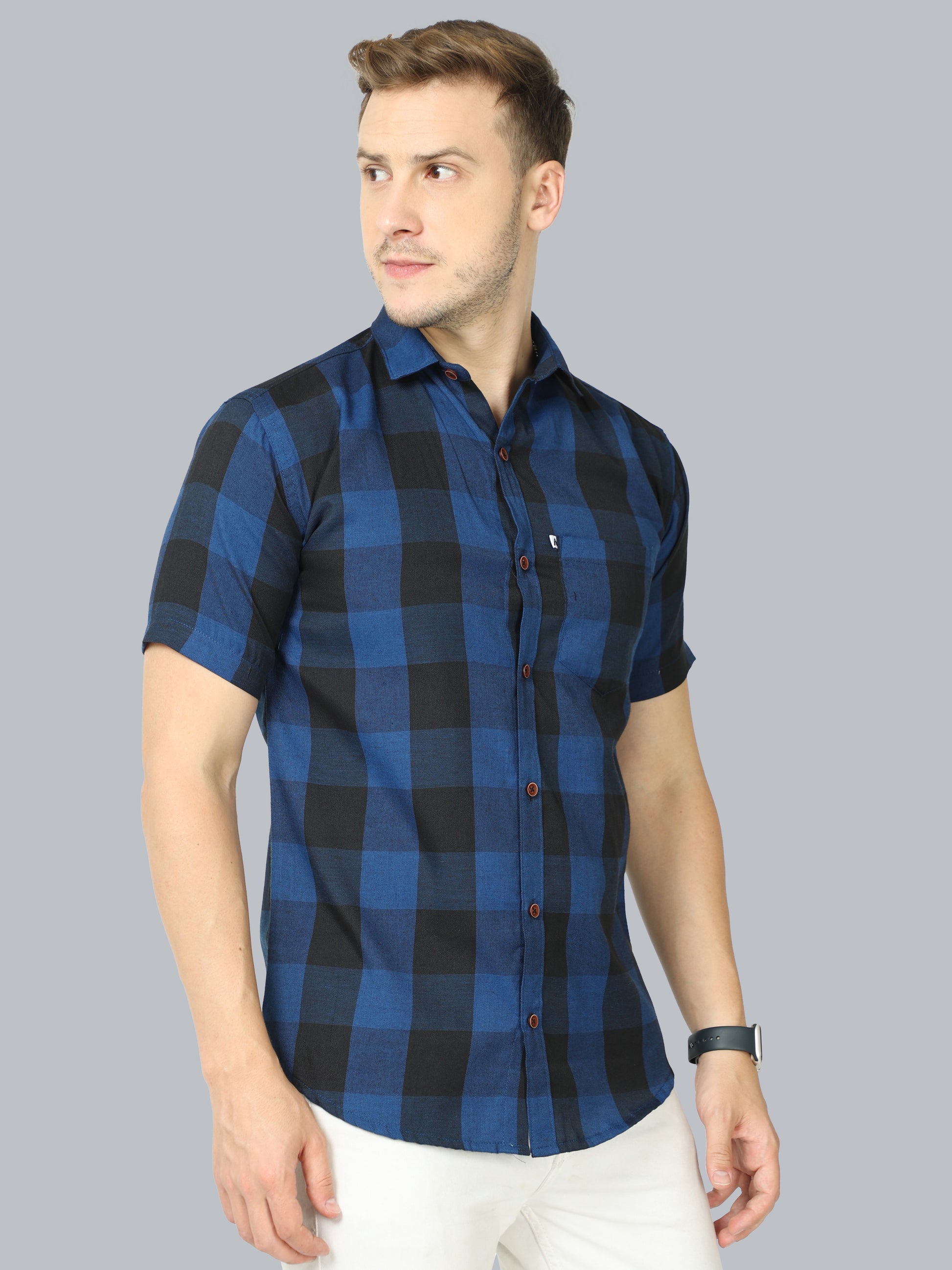 Tomtom Navy Cotton Blend Checked Shirt With Patch Pocket