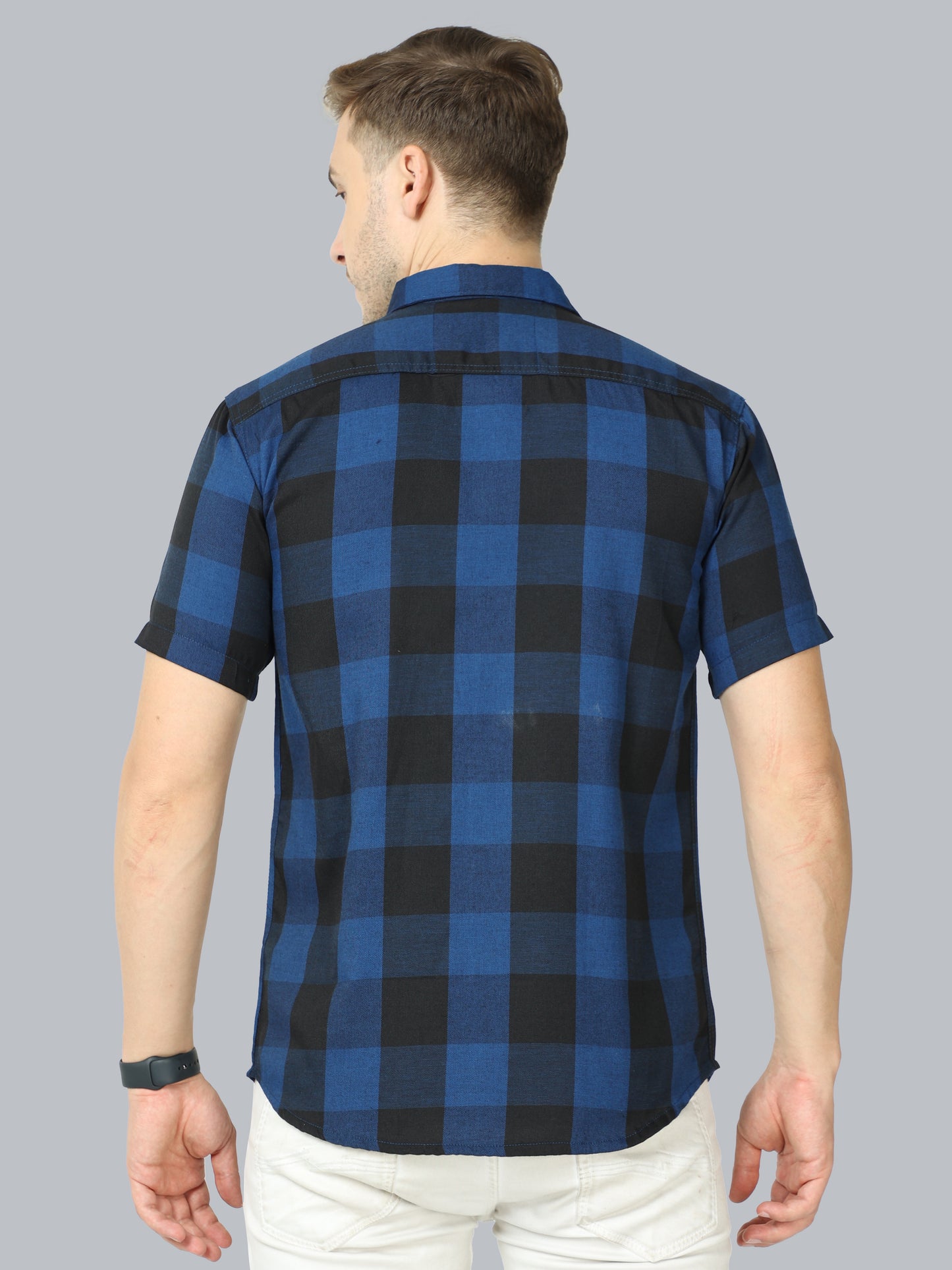 Tomtom Navy Cotton Blend Checked Shirt With Patch Pocket