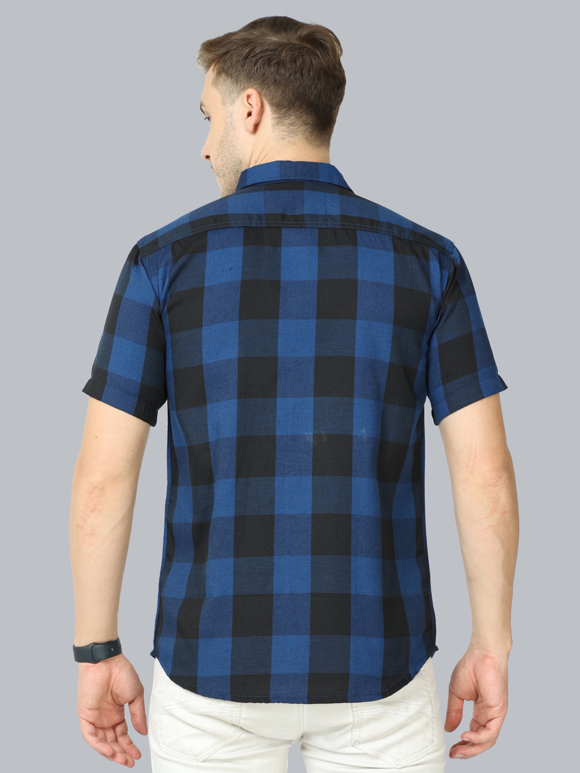 Tomtom Navy Cotton Blend Checked Shirt With Patch Pocket