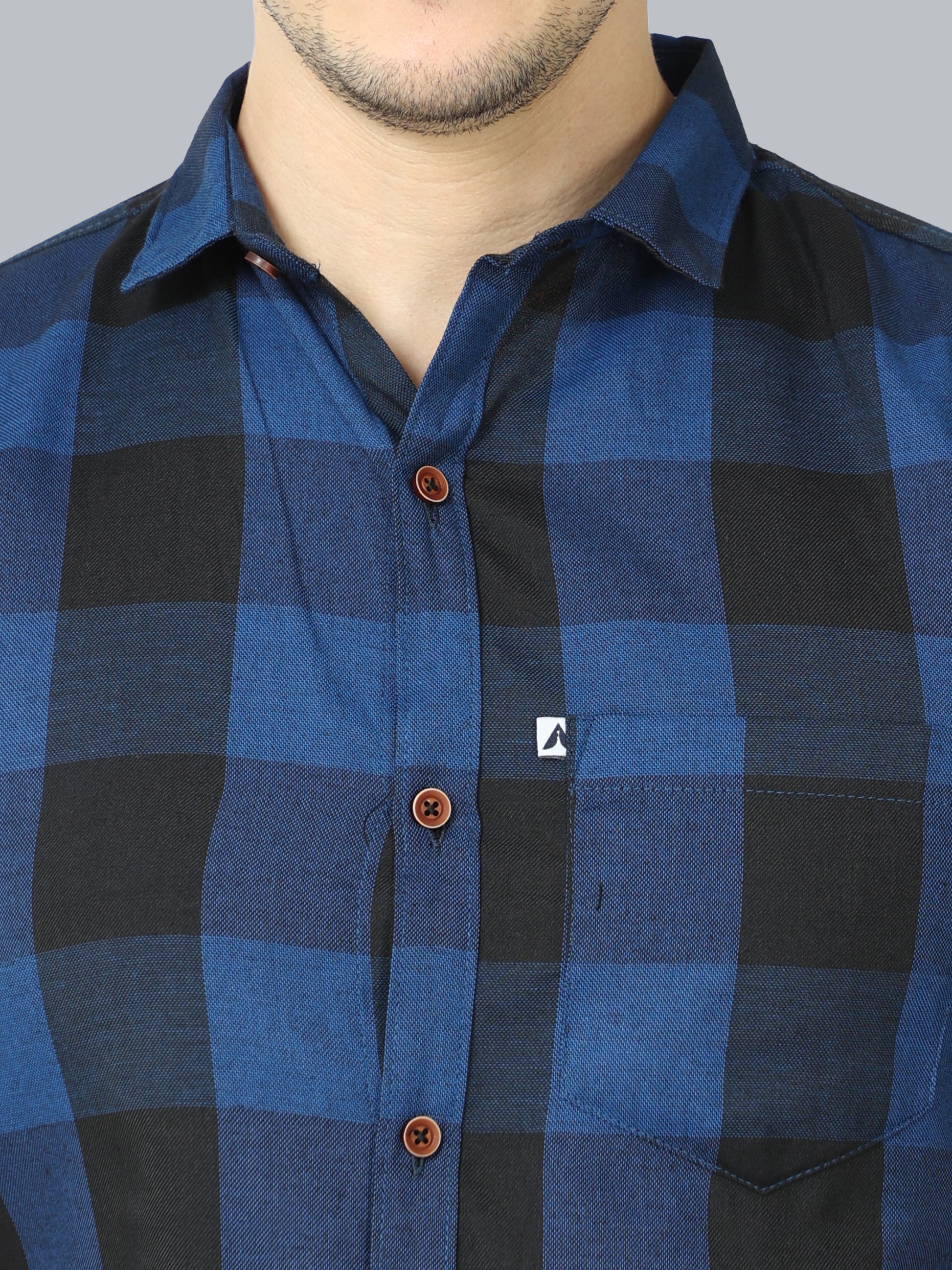 Tomtom Navy Cotton Blend Checked Shirt With Patch Pocket