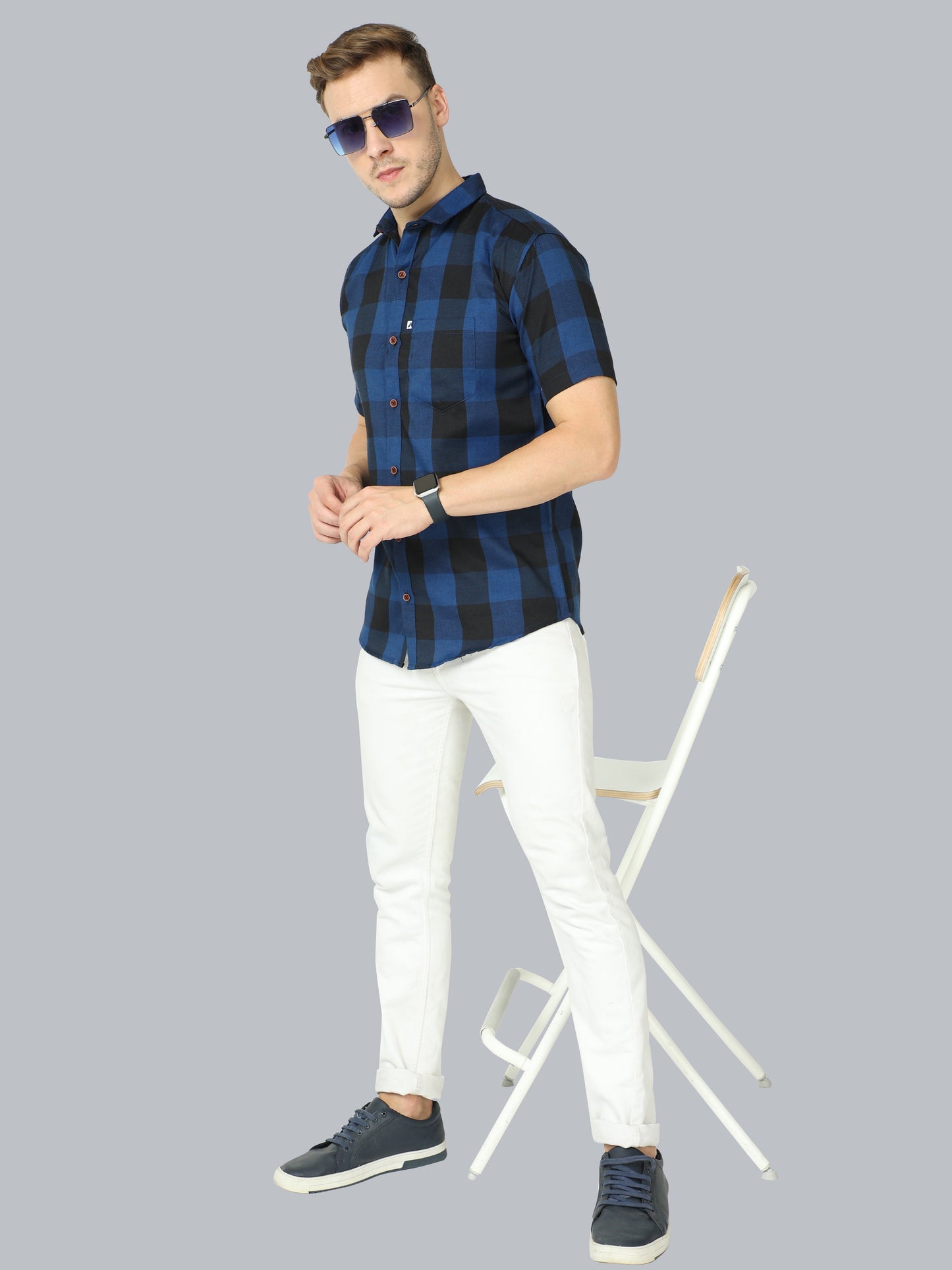 Tomtom Navy Cotton Blend Checked Shirt With Patch Pocket