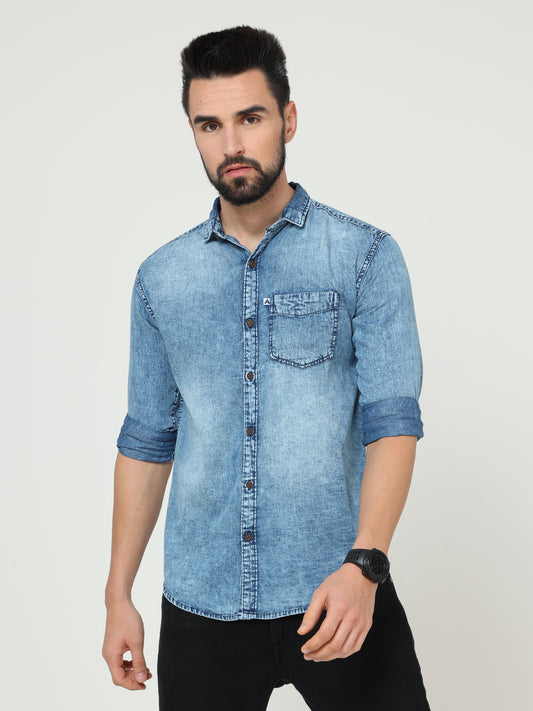 Heavy Washed Single Pocket Cut Away Collor Heavy Denim For Men