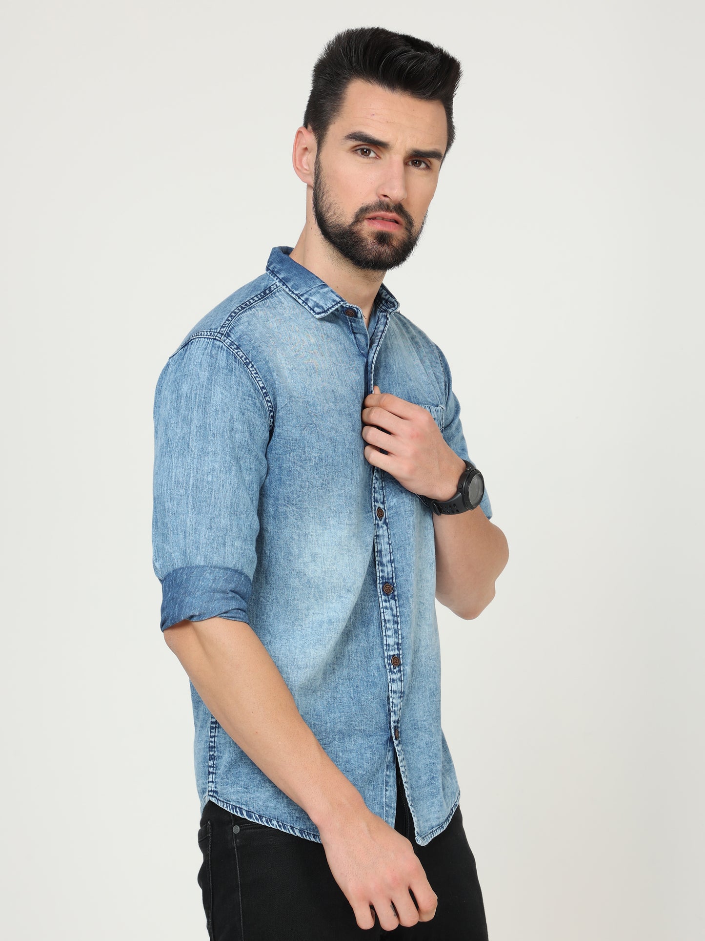 Heavy Washed Single Pocket Cut Away Collor Heavy Denim For Men