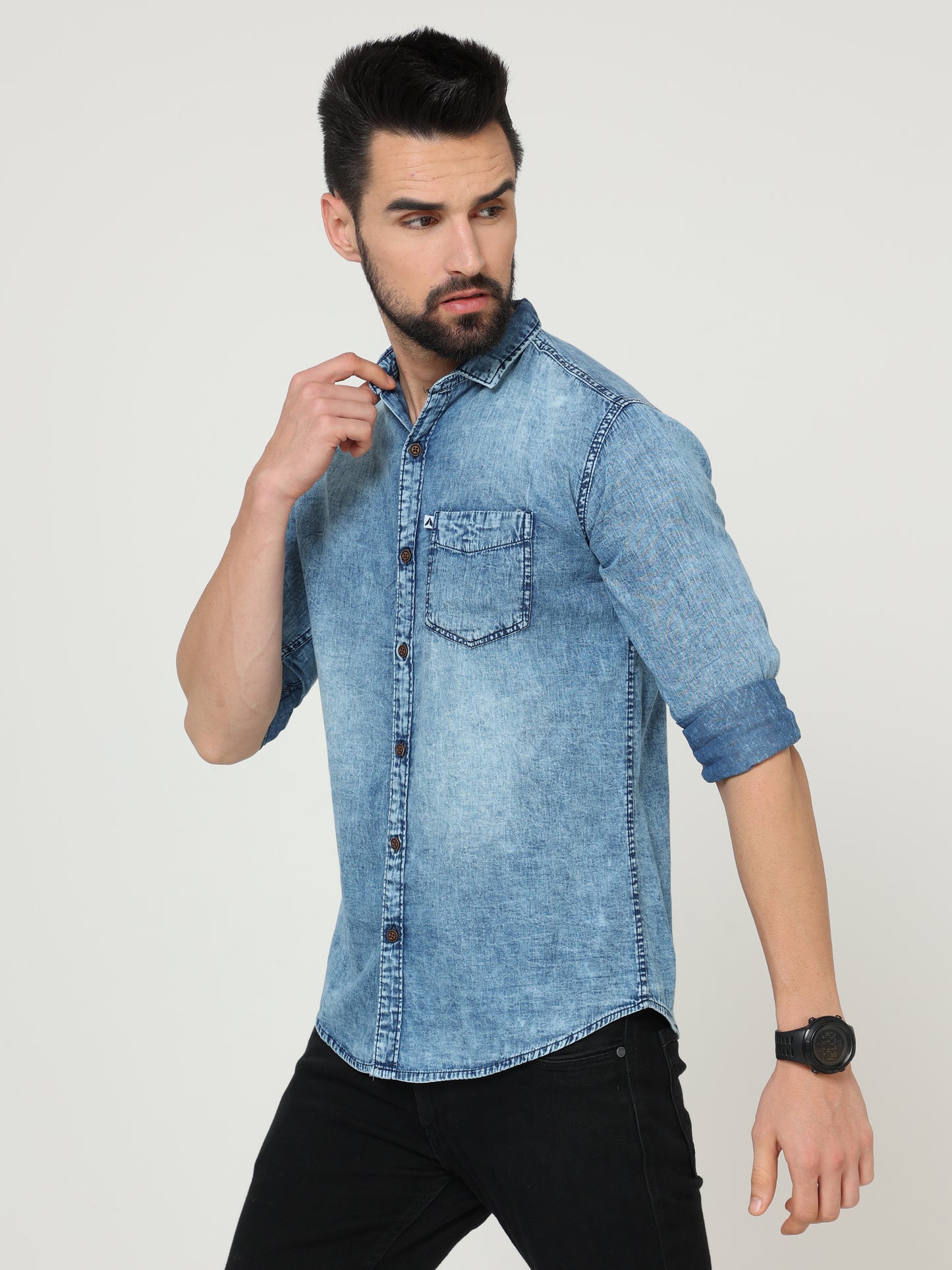 Heavy Washed Single Pocket Cut Away Collor Heavy Denim For Men