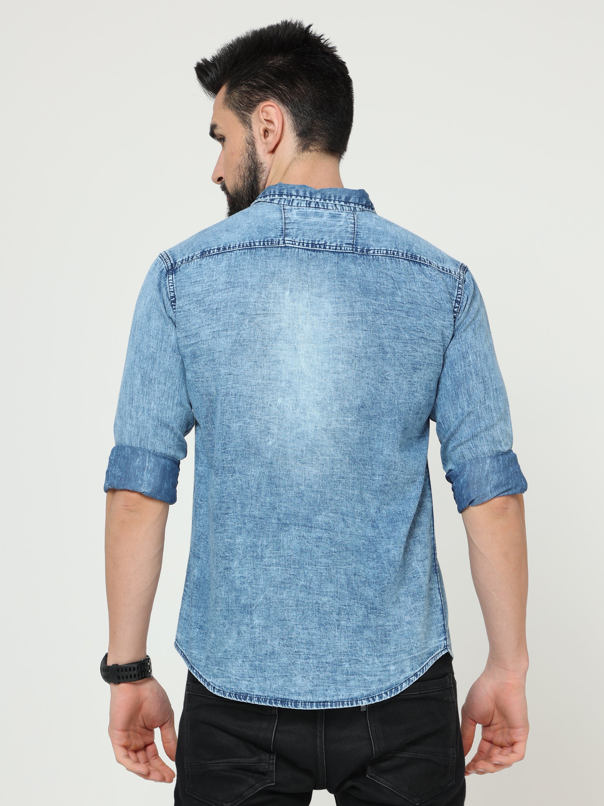 Heavy Washed Single Pocket Cut Away Collor Heavy Denim For Men