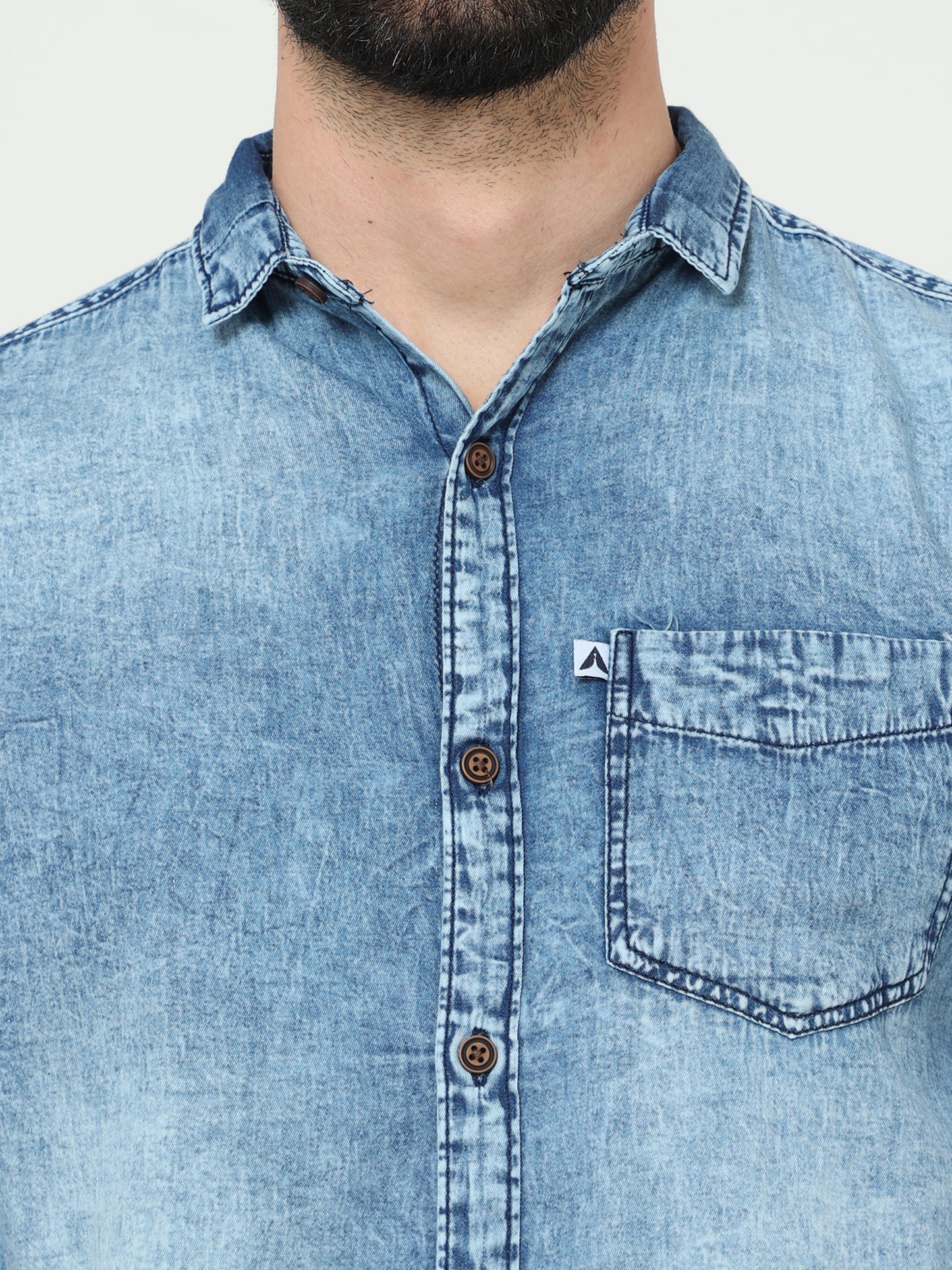 Heavy Washed Single Pocket Cut Away Collor Heavy Denim For Men