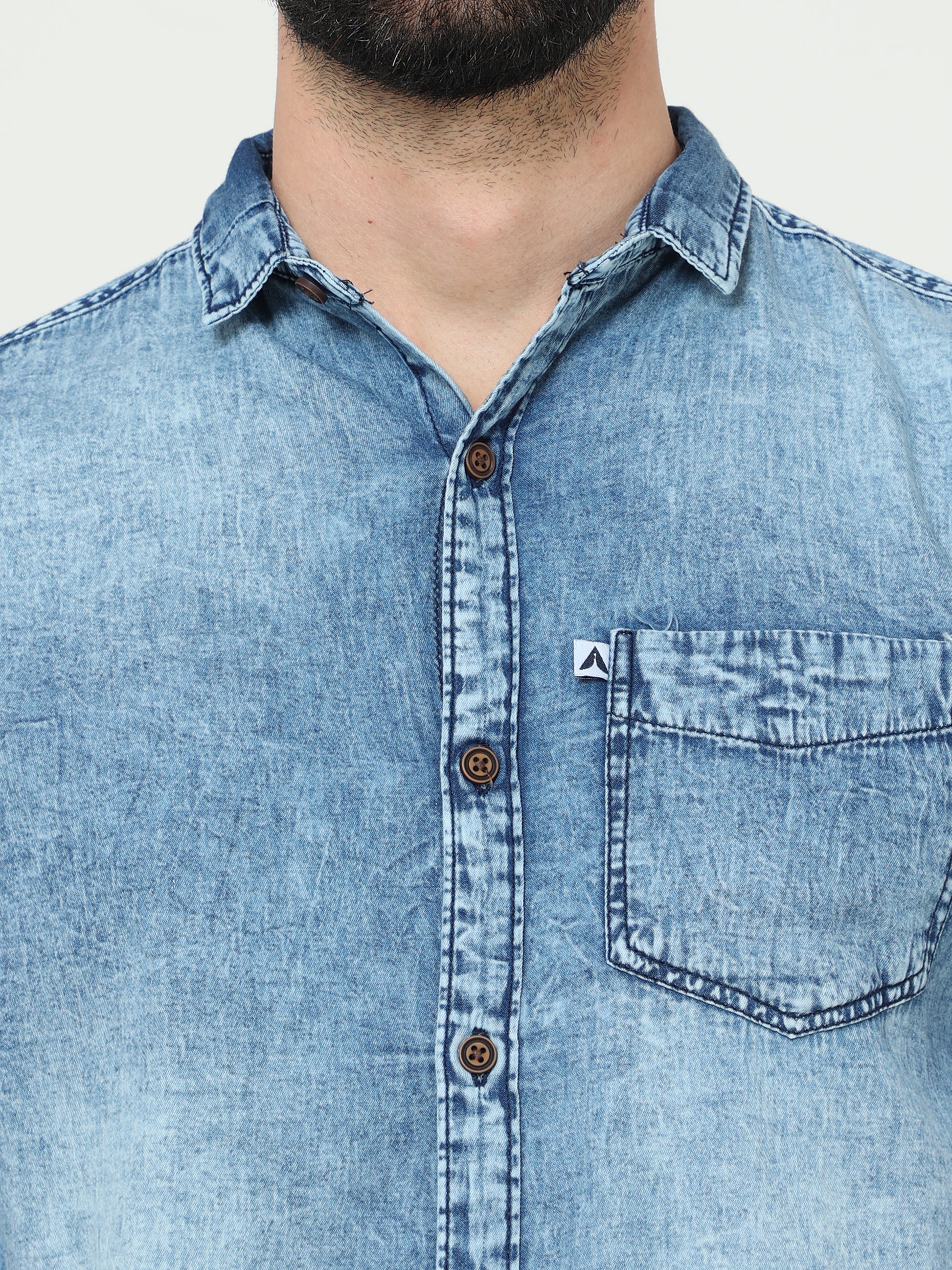 Heavy Washed Single Pocket Cut Away Collor Heavy Denim For Men