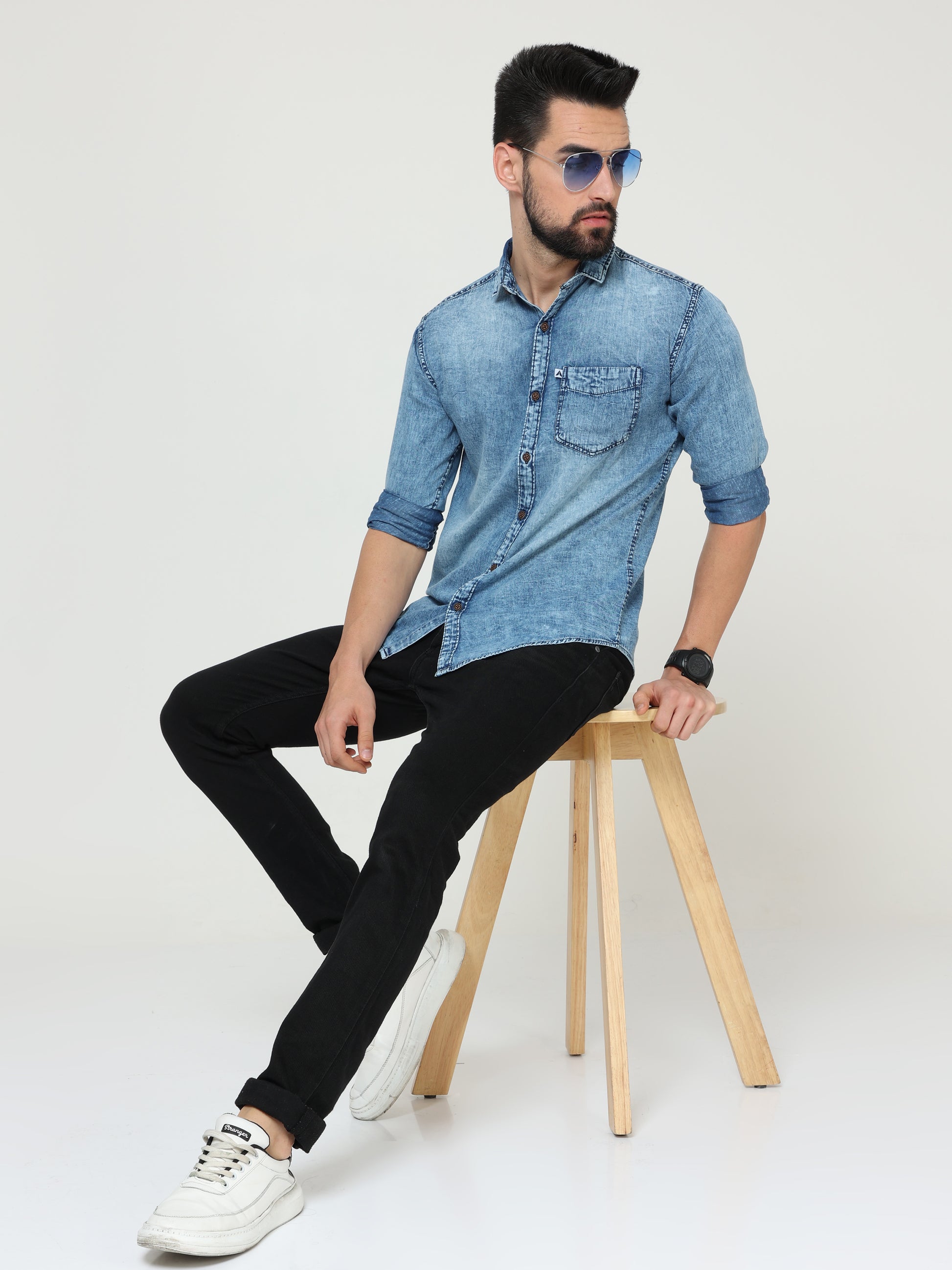 Heavy Washed Single Pocket Cut Away Collor Heavy Denim For Men