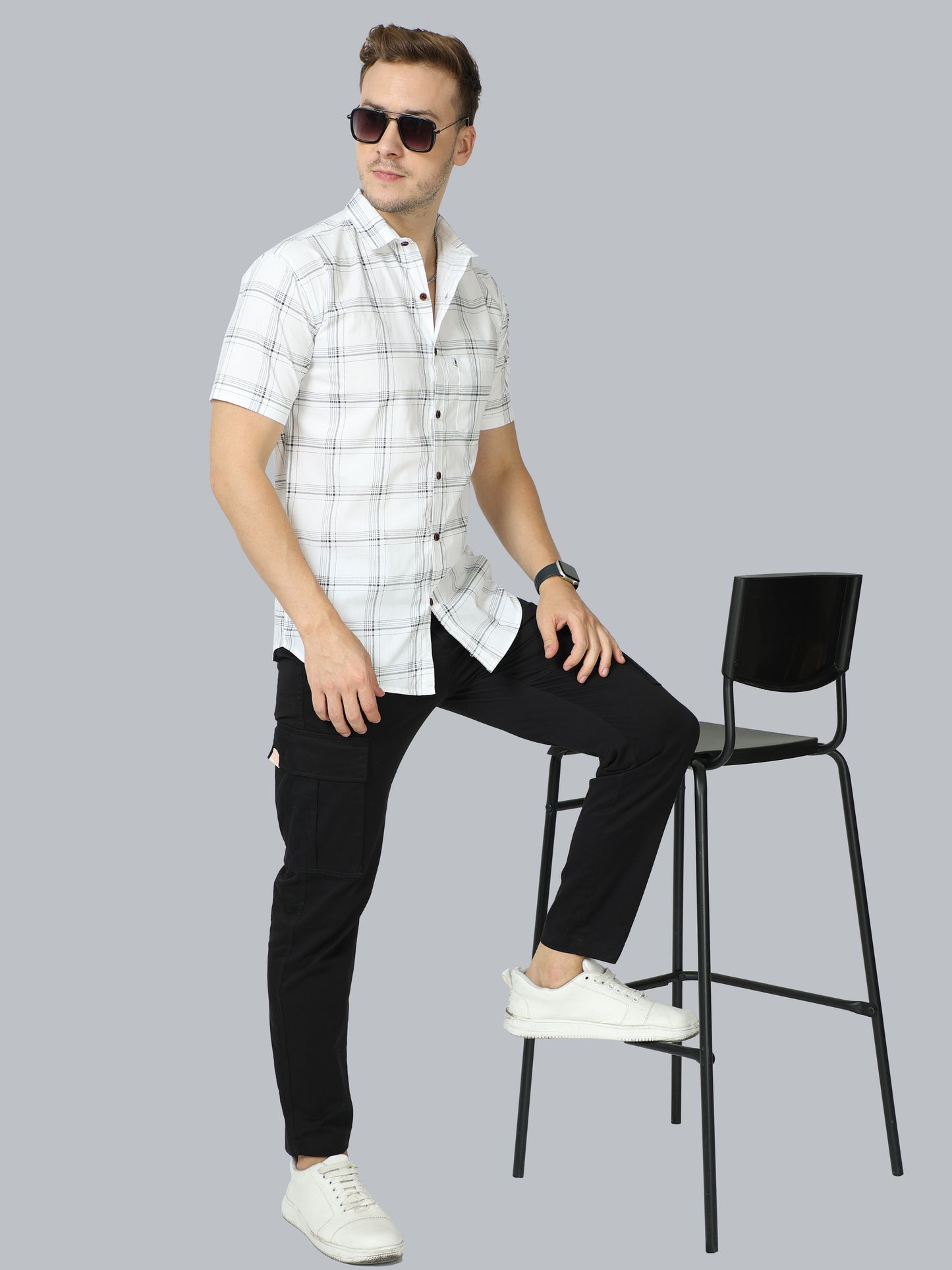 6line White Half Sleeve Shirts Checks For Men