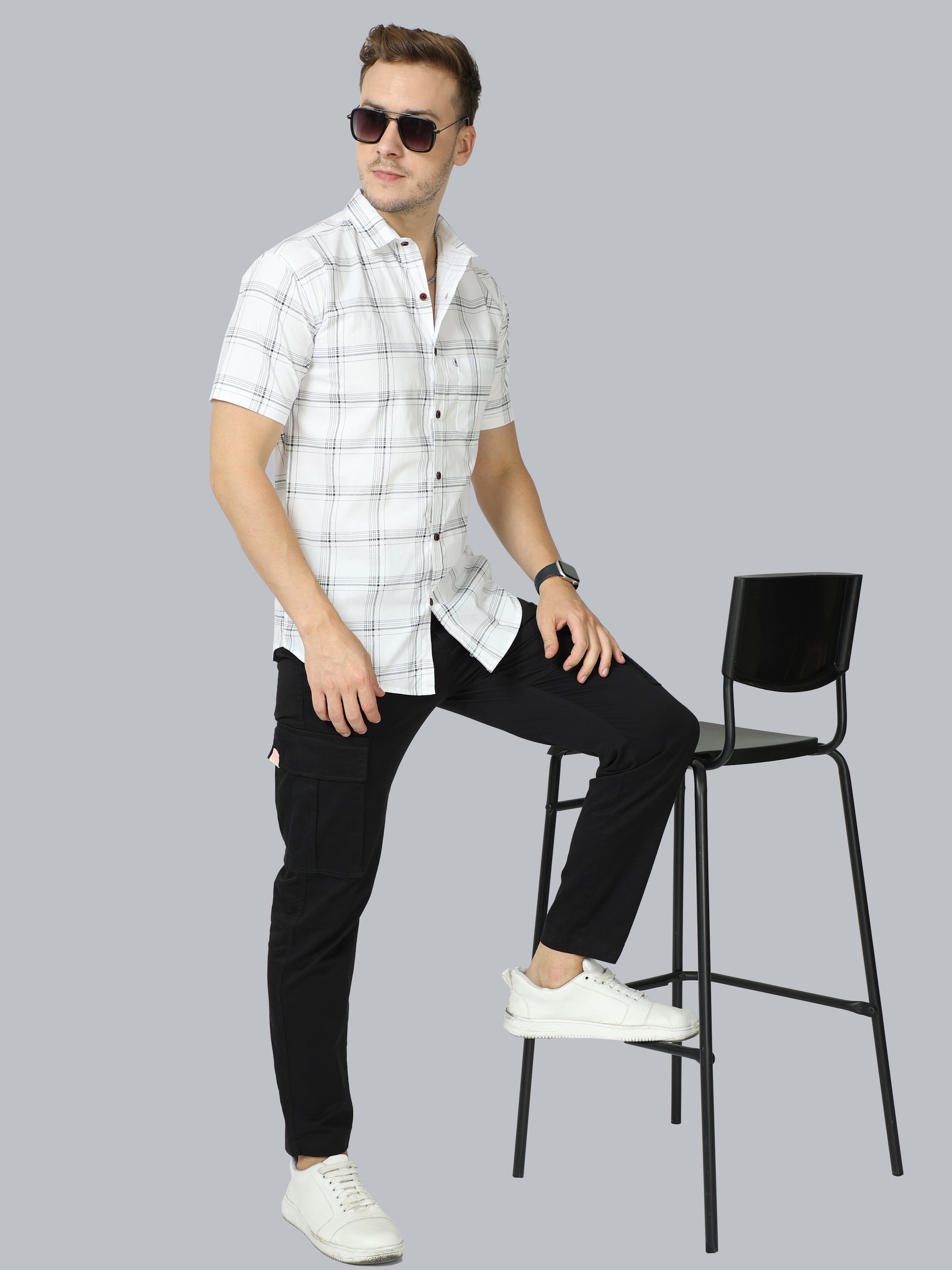 6line White Half Sleeve Shirts Checks For Men