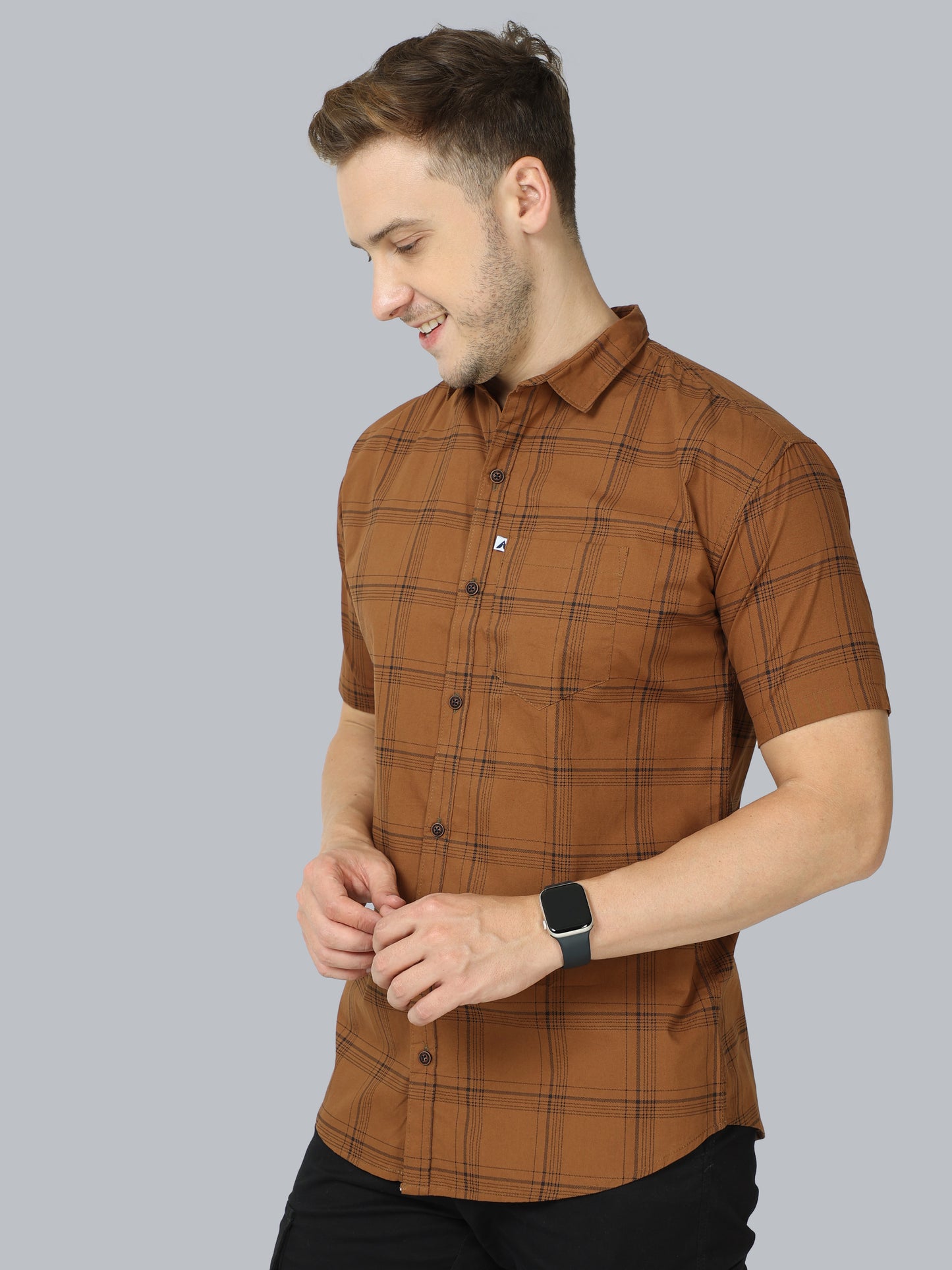 6 Line Cotton Blend Half Sleeve Mens Brown Check Shirt