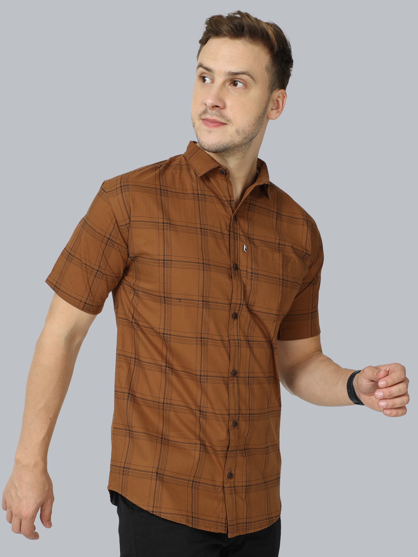 6 Line Cotton Blend Half Sleeve Mens Brown Check Shirt