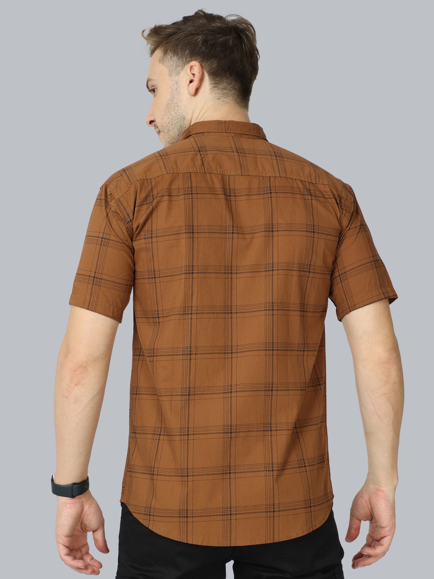 6 Line Cotton Blend Half Sleeve Mens Brown Check Shirt