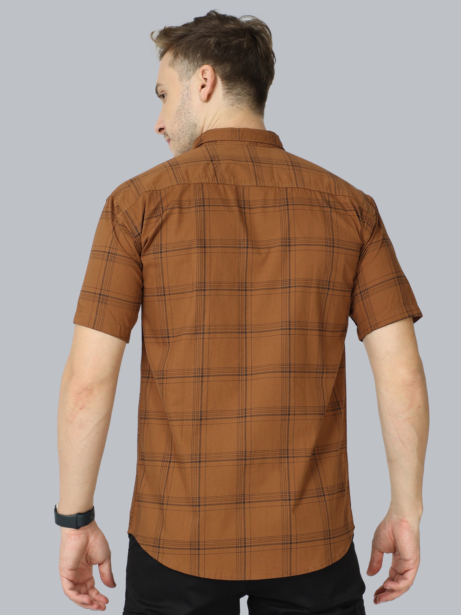 6 Line Cotton Blend Half Sleeve Mens Brown Check Shirt