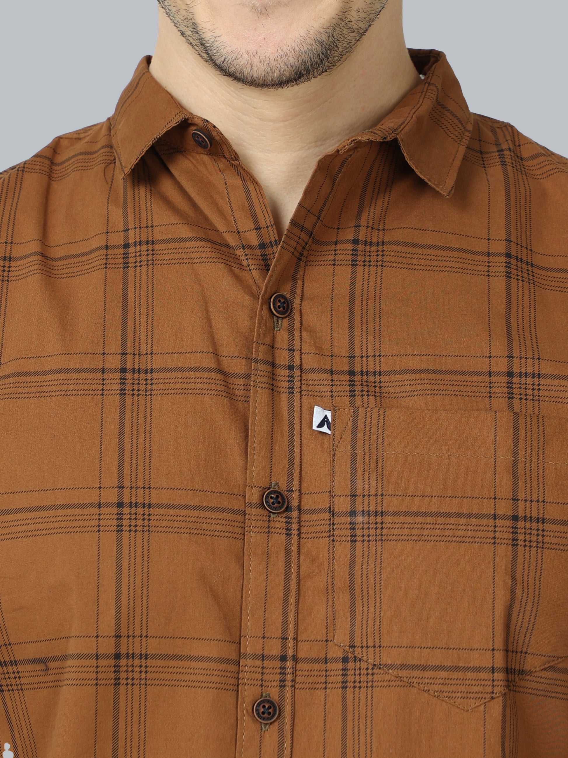 6 Line Cotton Blend Half Sleeve Mens Brown Check Shirt