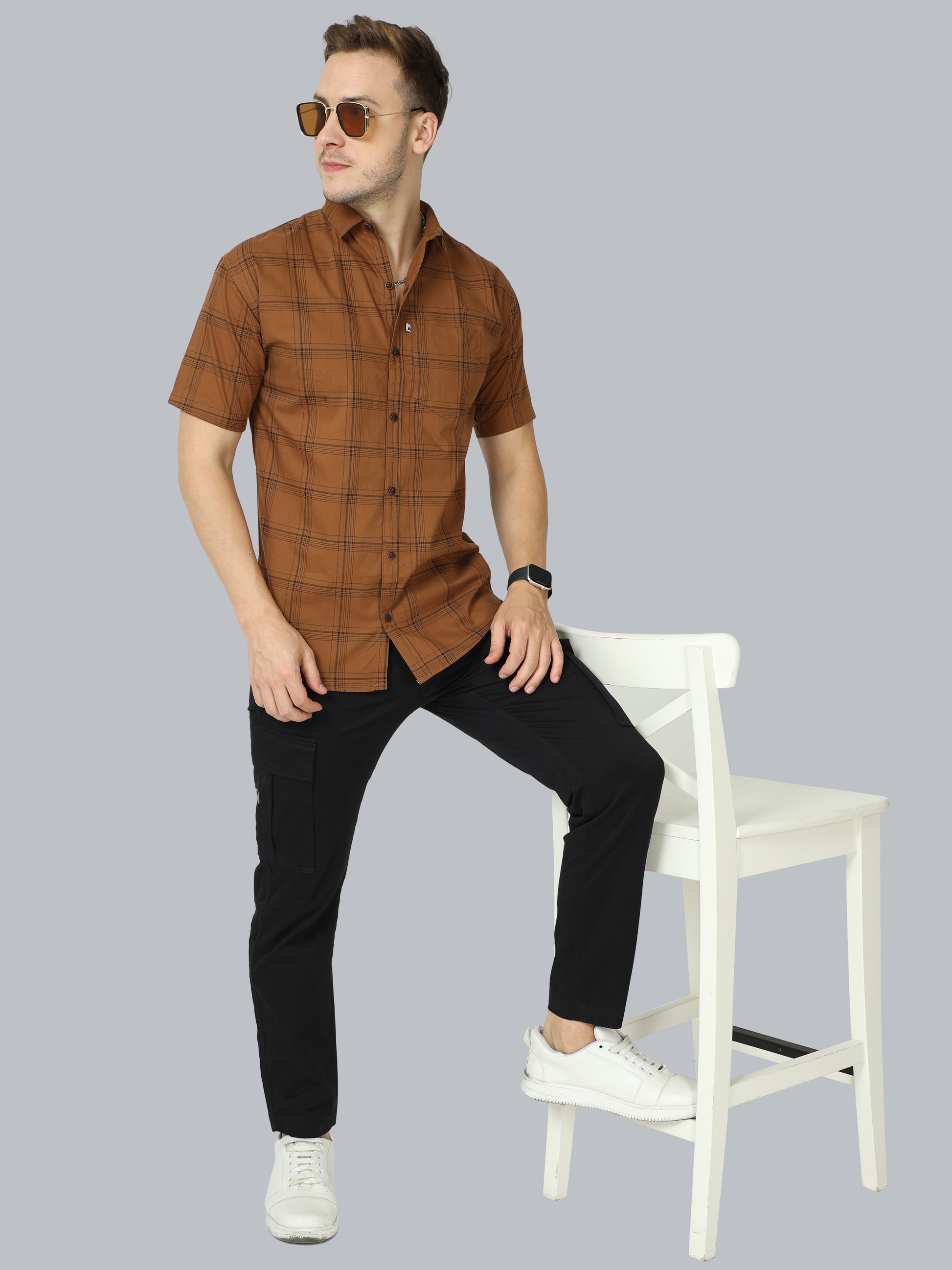 6 Line Cotton Blend Half Sleeve Mens Brown Check Shirt