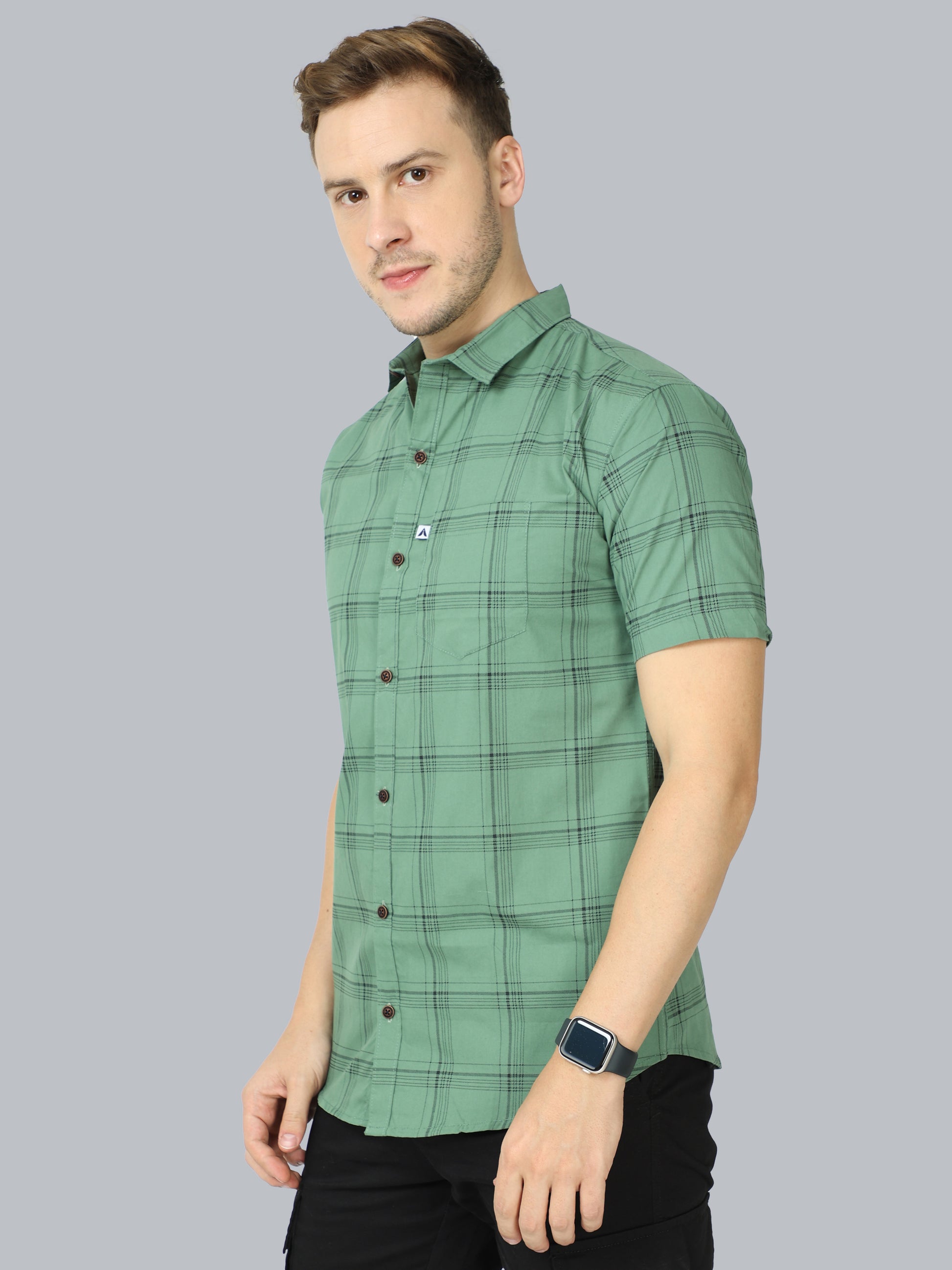 6line Half Sleeve Green Check Shirt Men