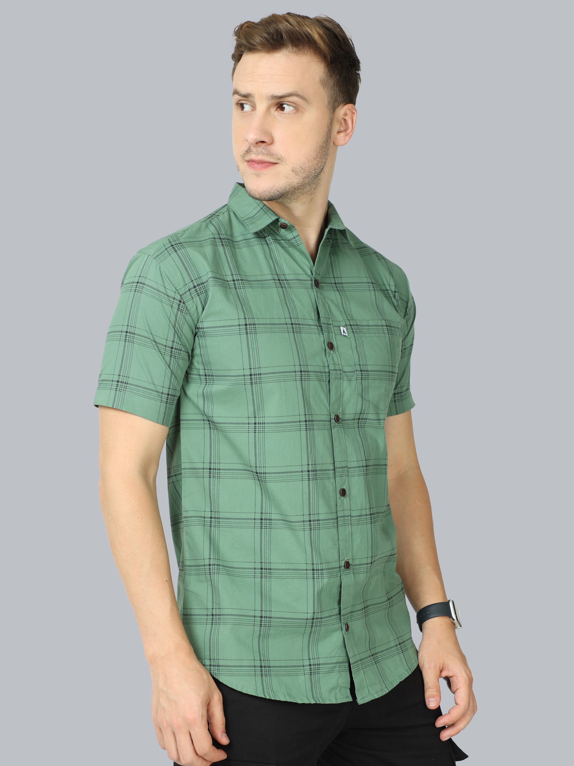 6line Half Sleeve Green Check Shirt Men