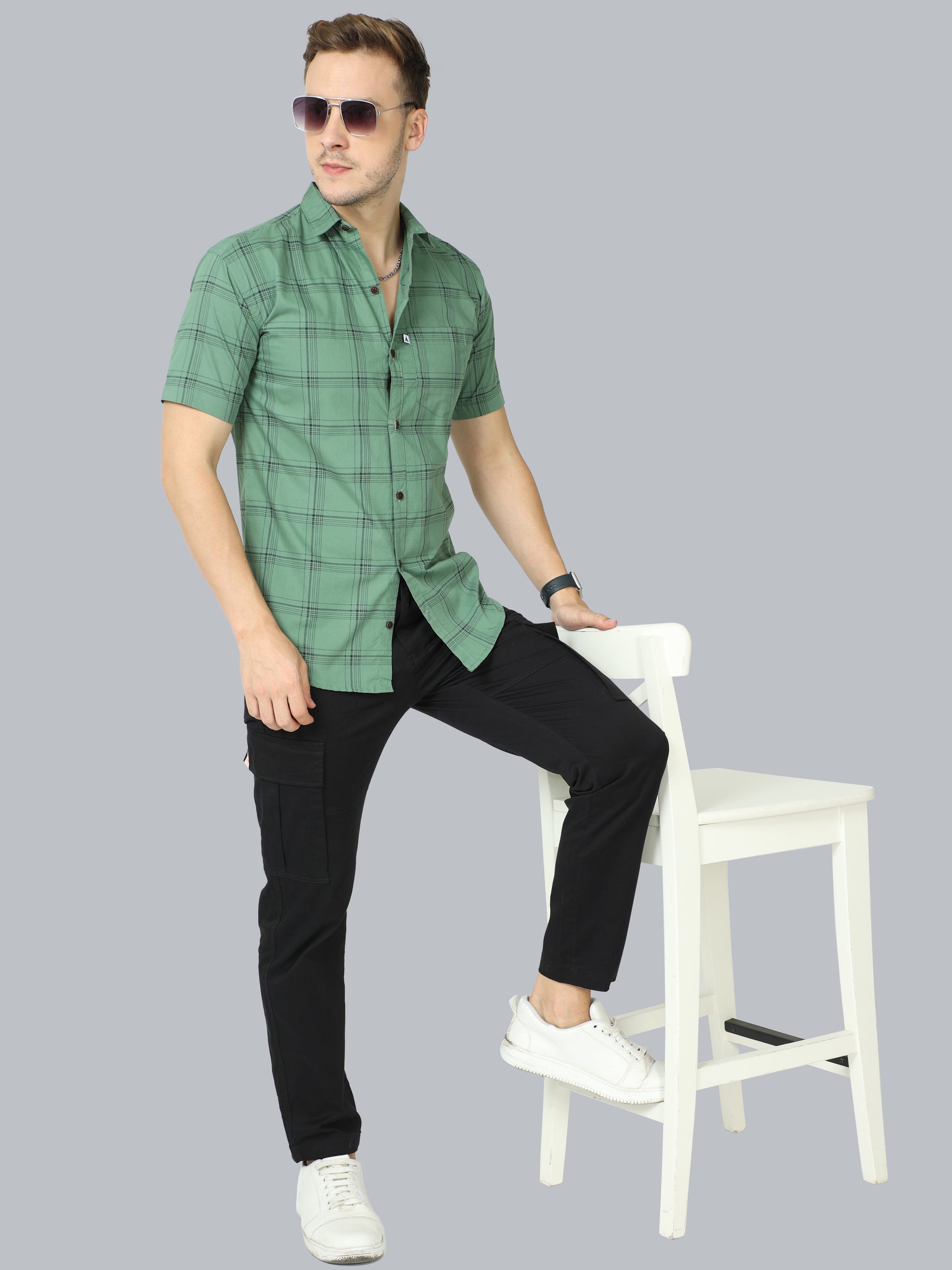 6line Half Sleeve Green Check Shirt Men