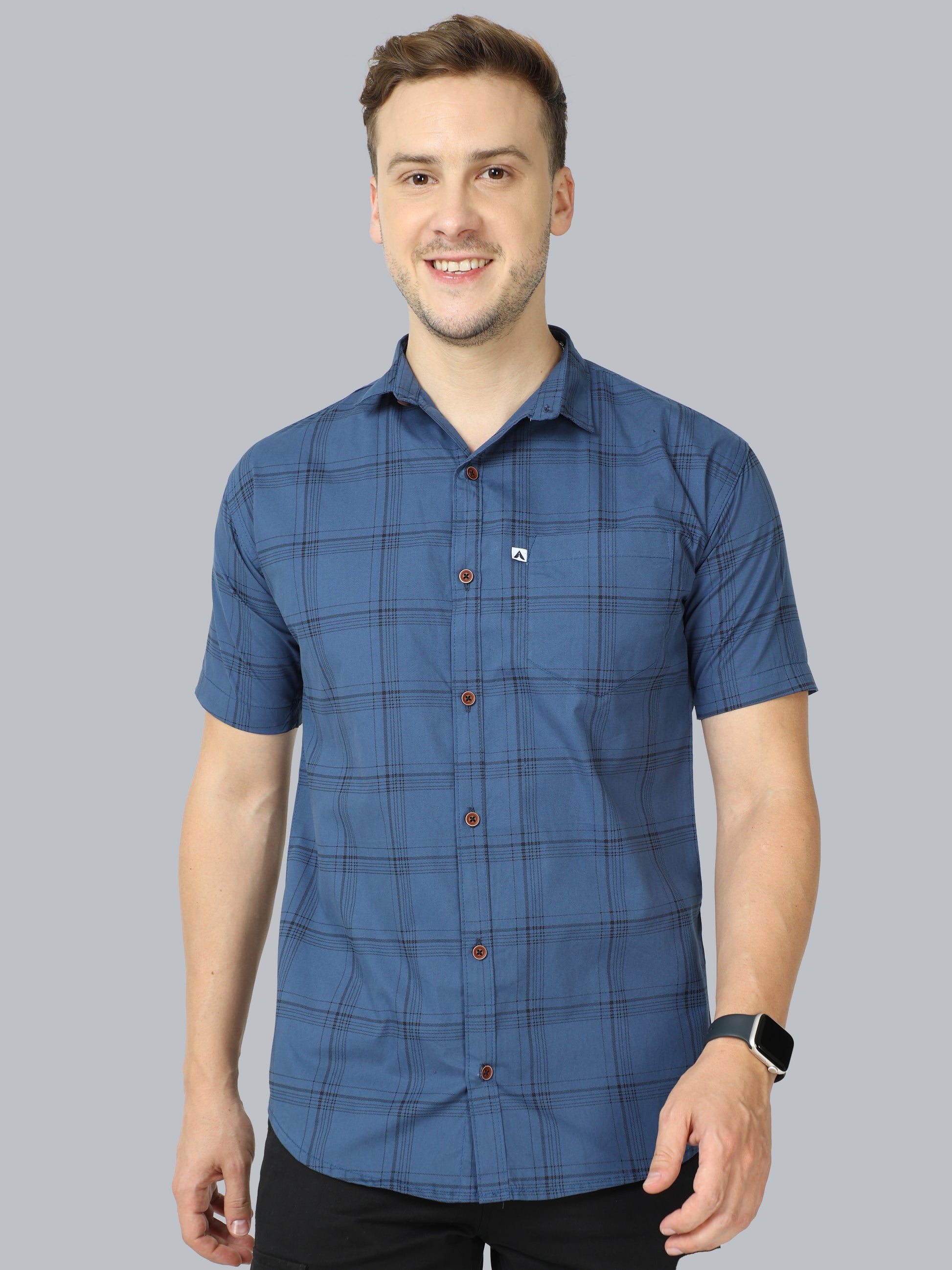 6line Navy Half Sleeve Mens Plaid Shirt