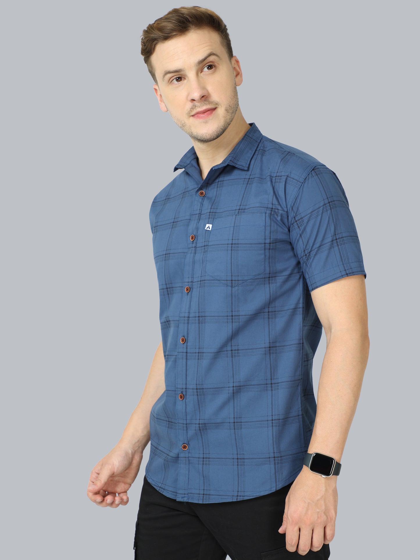 6line Navy Half Sleeve Mens Plaid Shirt