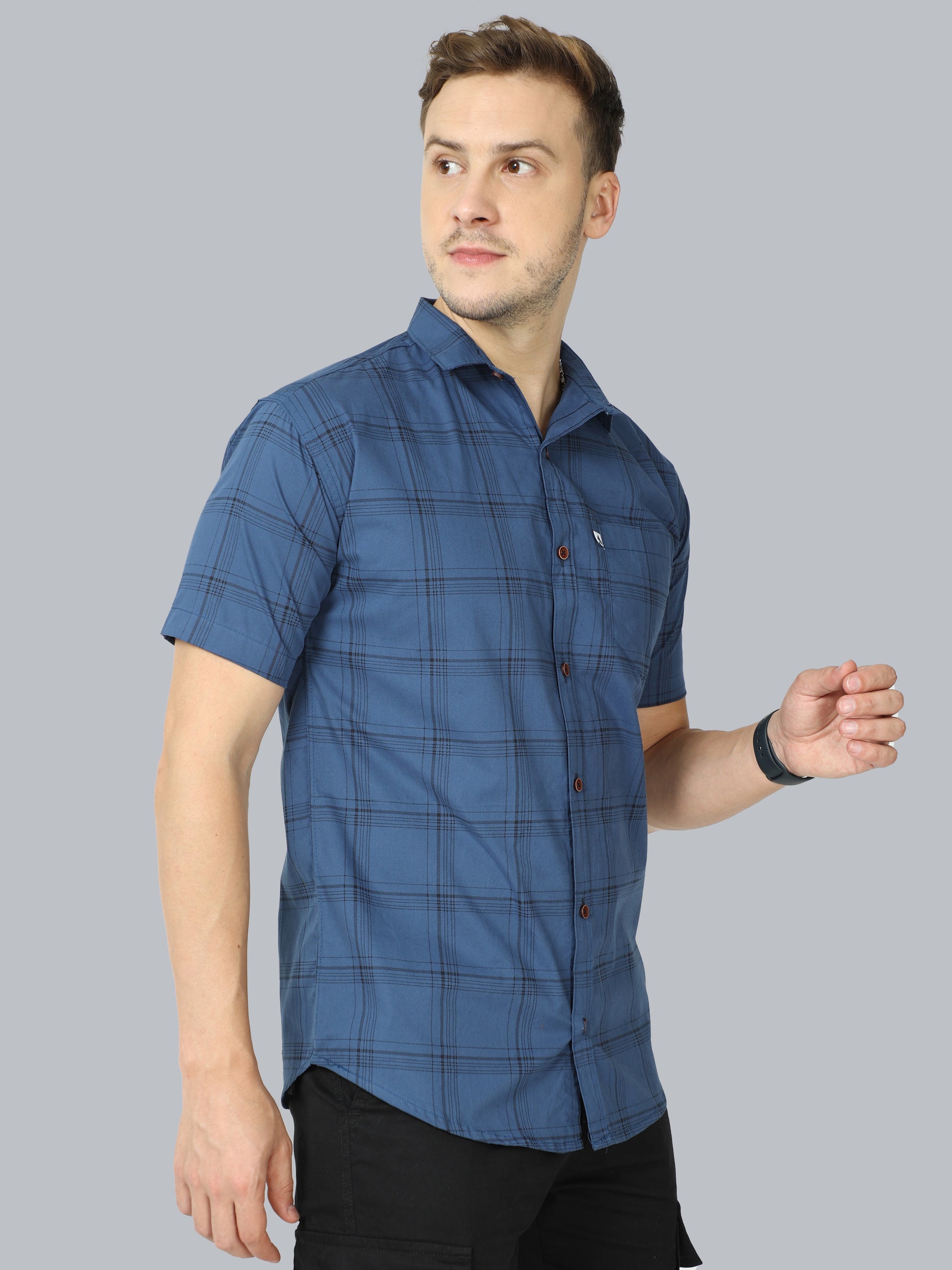 6line Navy Half Sleeve Mens Plaid Shirt