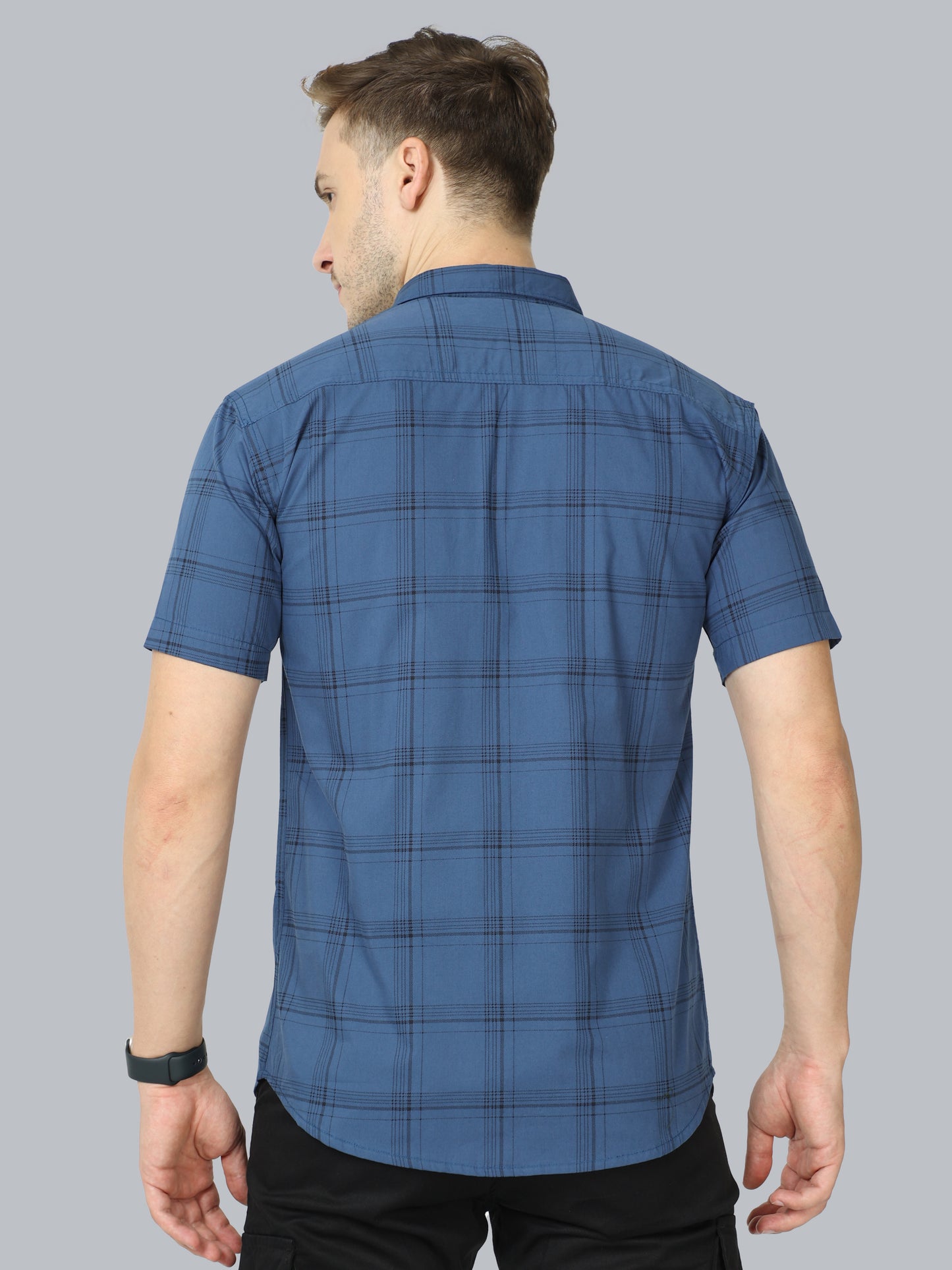 6line Navy Half Sleeve Mens Plaid Shirt