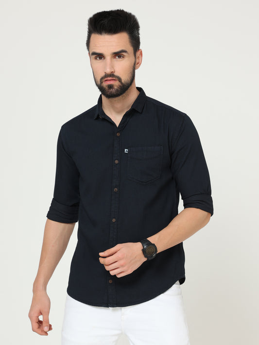 Solid Plain Single Pocket Cut Away Collor Denim Full Sleeve Shirt For Men