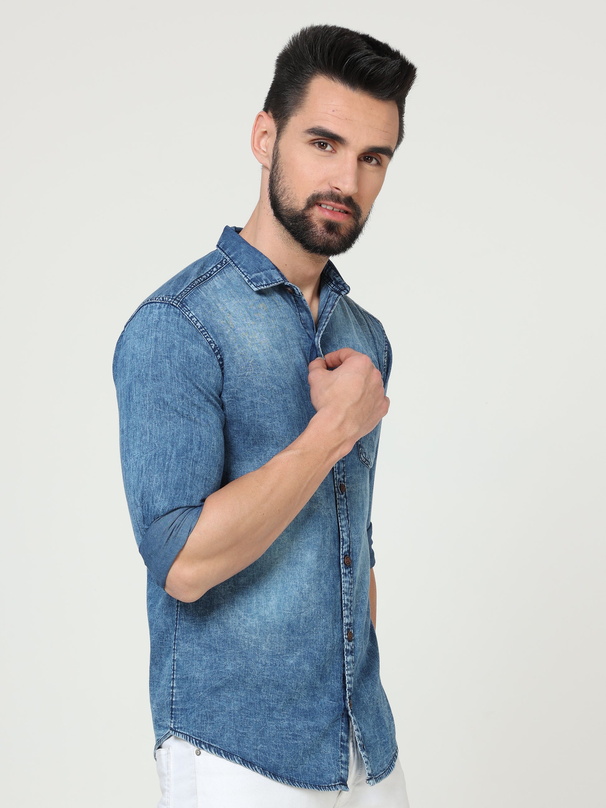 Heavy Washed Single Pocket Cut Away Collor Full Sleeve Denim Shirt for Men