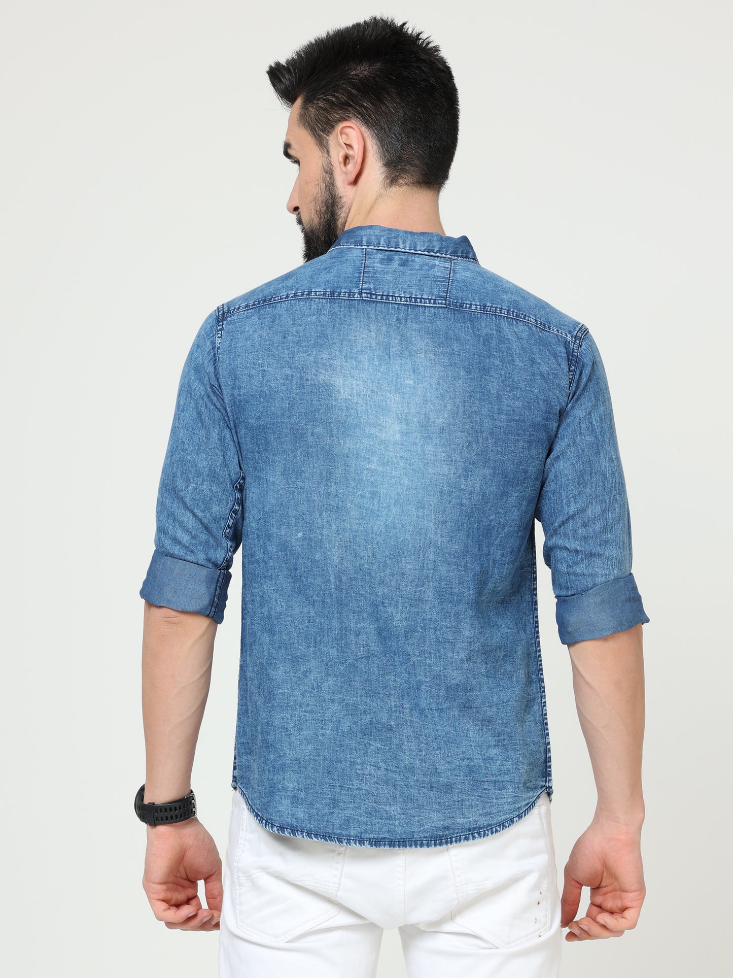 Heavy Washed Single Pocket Cut Away Collor Full Sleeve Denim Shirt for Men