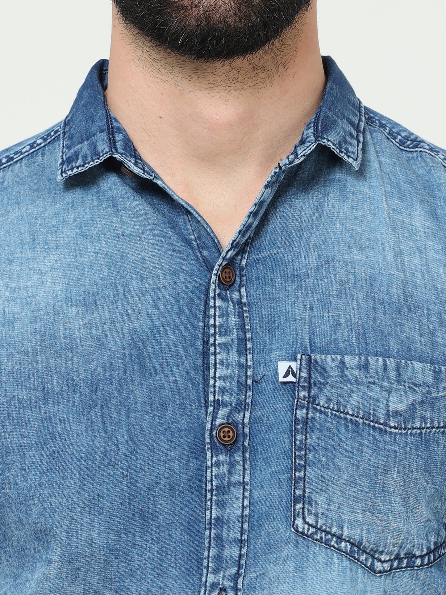 Heavy Washed Single Pocket Cut Away Collor Full Sleeve Denim Shirt for Men