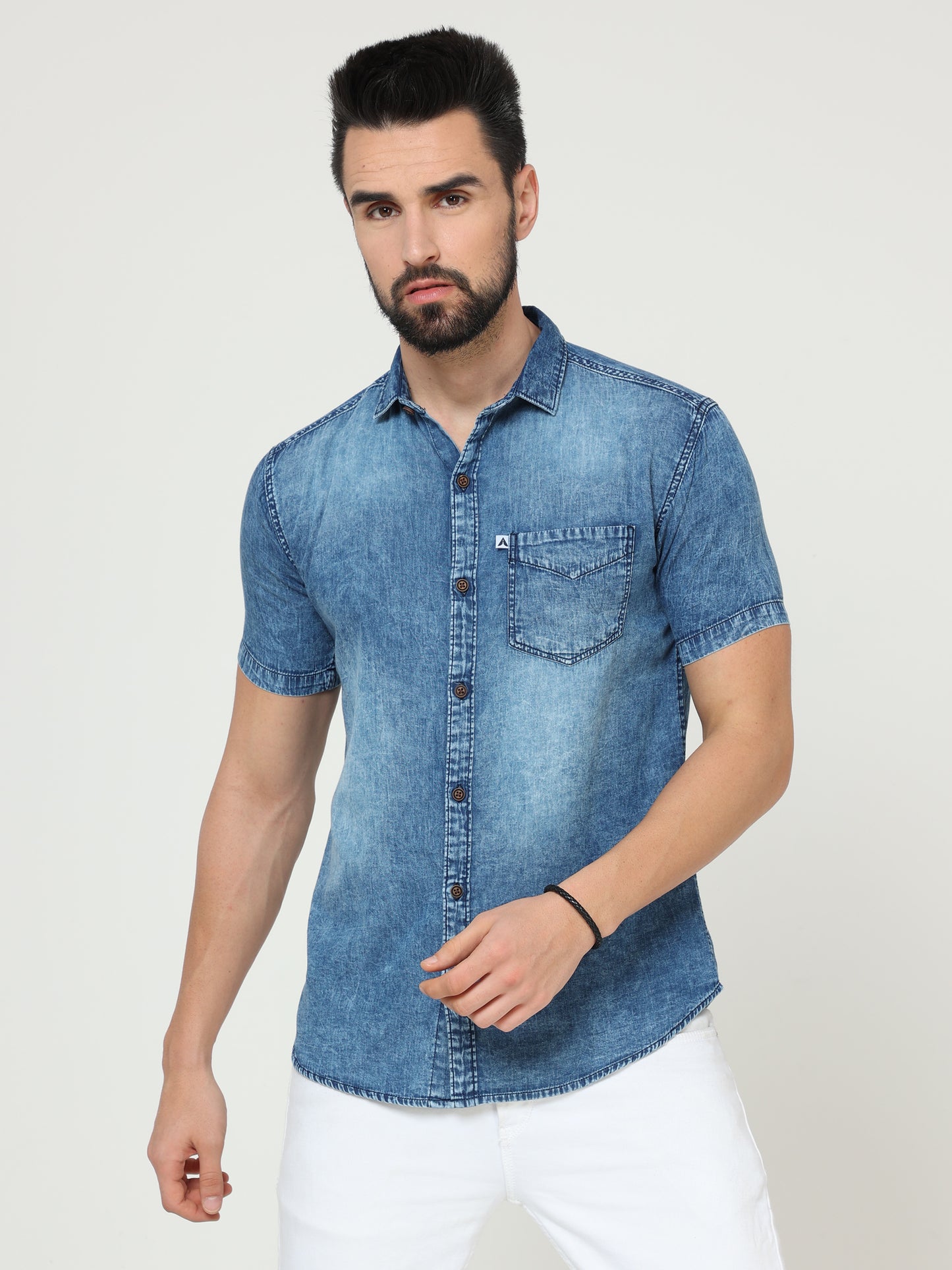 Heavy Washed Single Pocket Cut Away Collor Half Sleeve Denim Shirt For Men