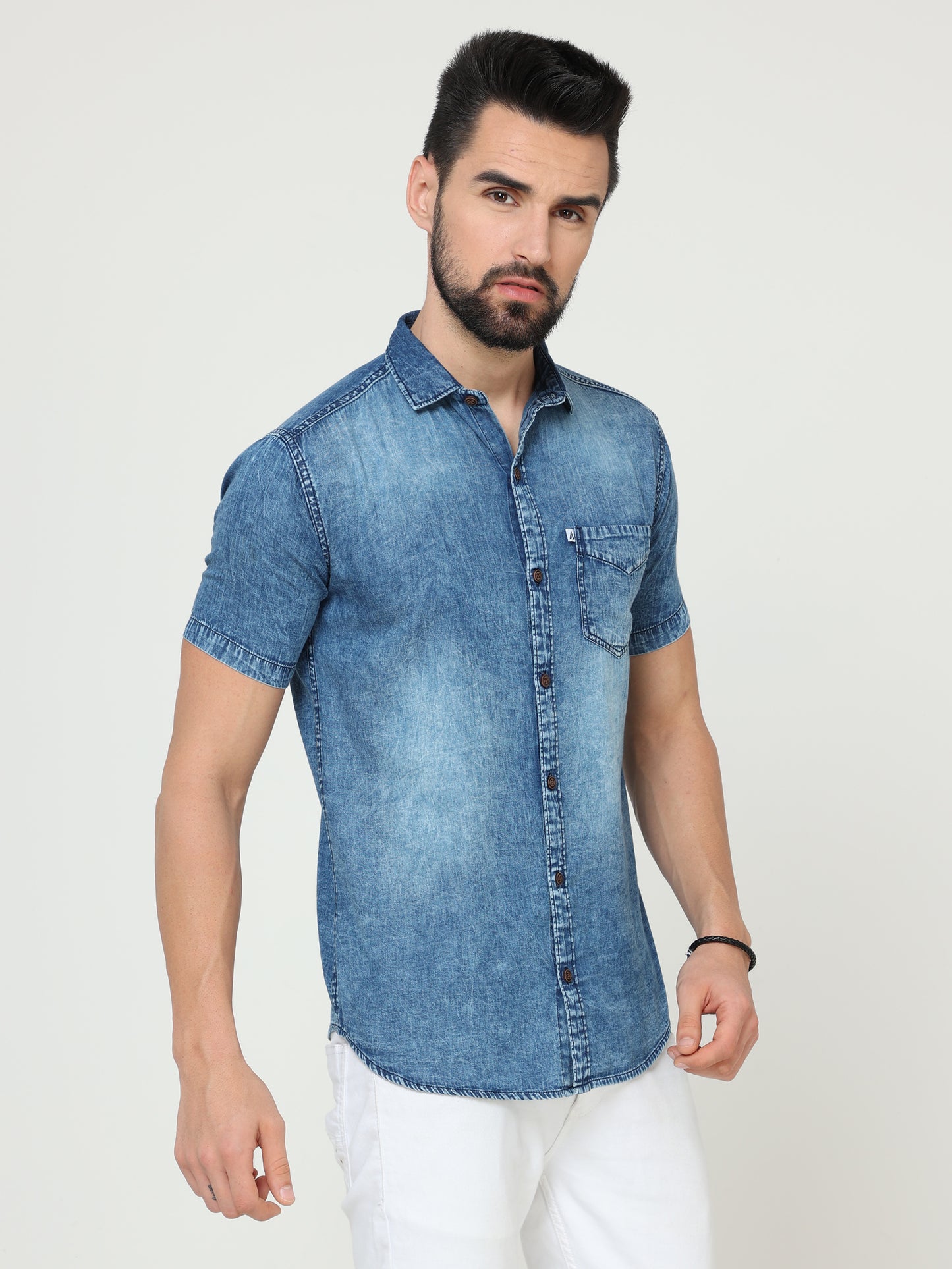 Heavy Washed Single Pocket Cut Away Collor Half Sleeve Denim Shirt For Men