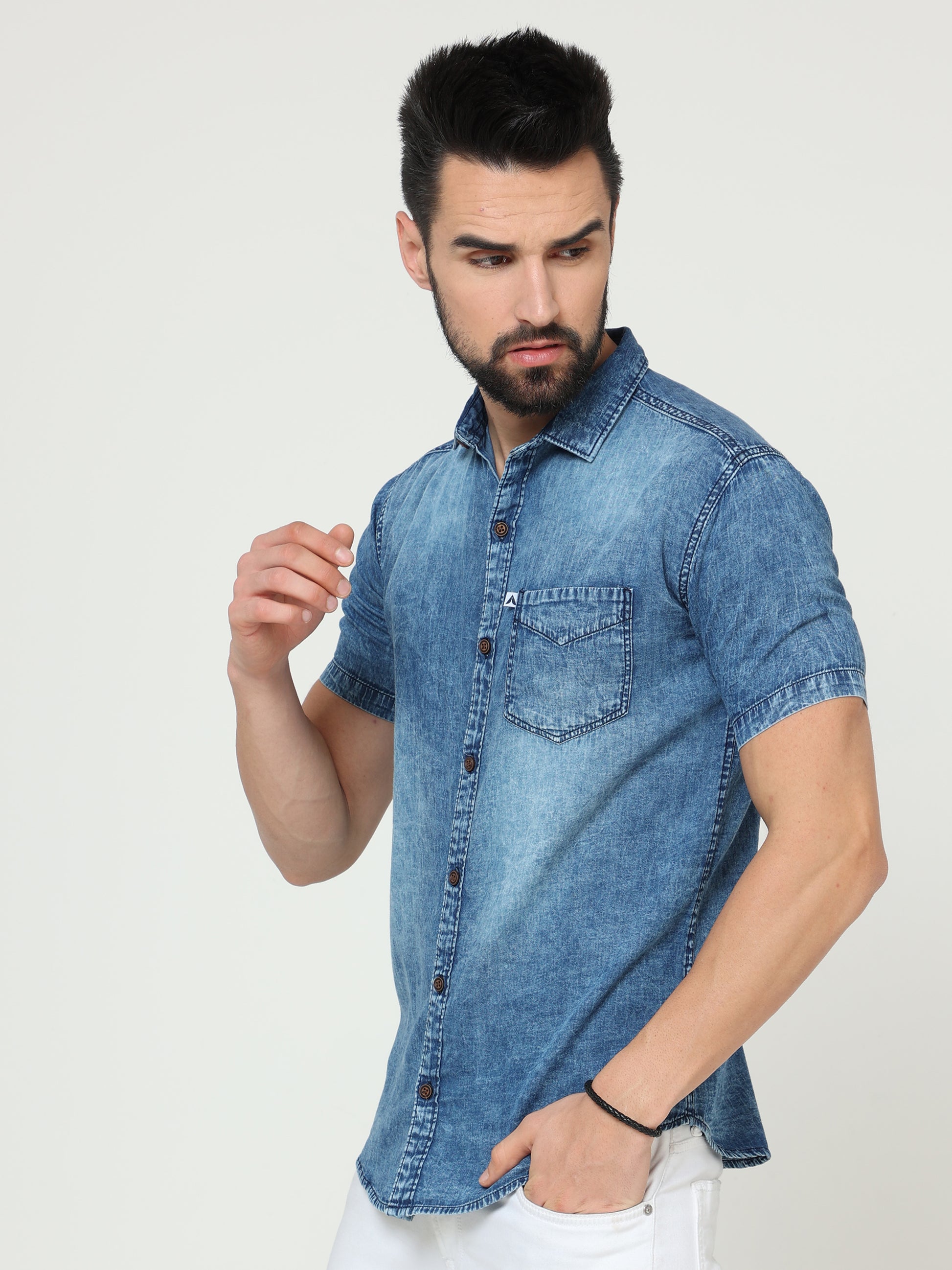 Heavy Washed Single Pocket Cut Away Collor Half Sleeve Denim Shirt For Men