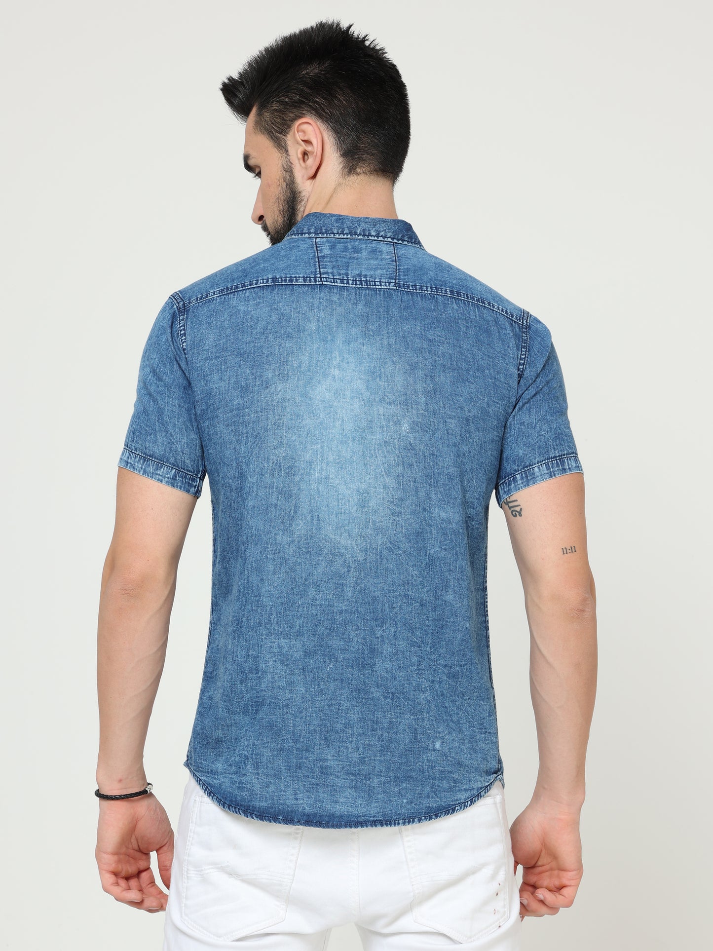 Heavy Washed Single Pocket Cut Away Collor Half Sleeve Denim Shirt For Men