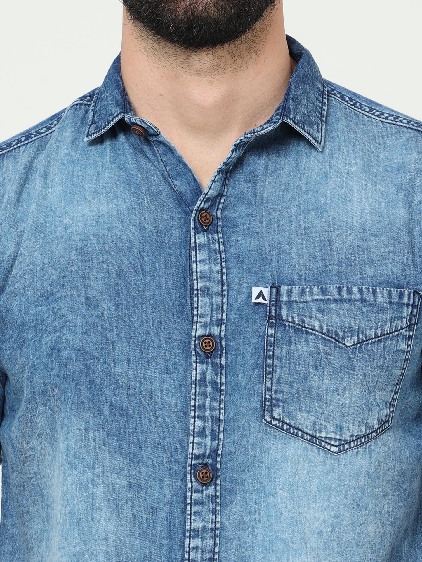 Heavy Washed Single Pocket Cut Away Collor Half Sleeve Denim Shirt For Men