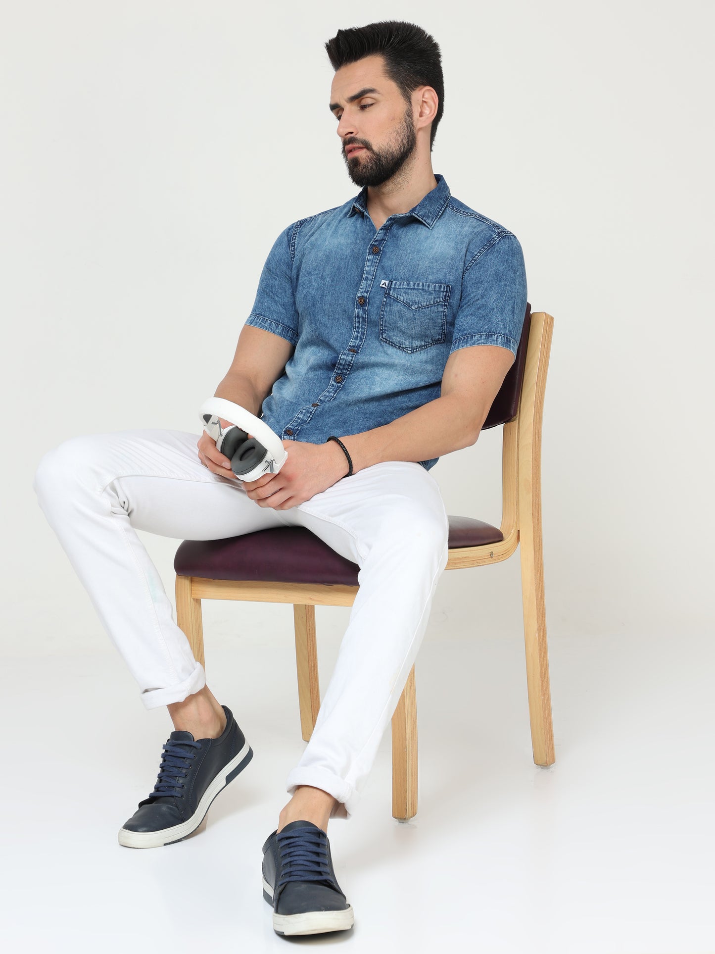 Heavy Washed Single Pocket Cut Away Collor Half Sleeve Denim Shirt For Men