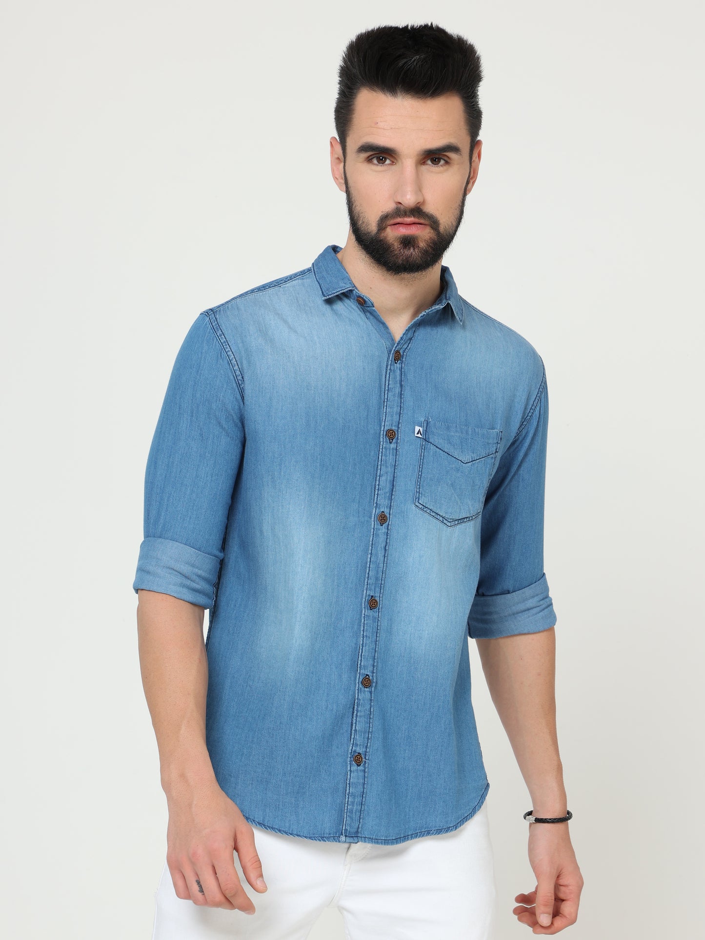 Shade Single Pocket Cut Away Collor Mens Denim Shirts Long Sleeve