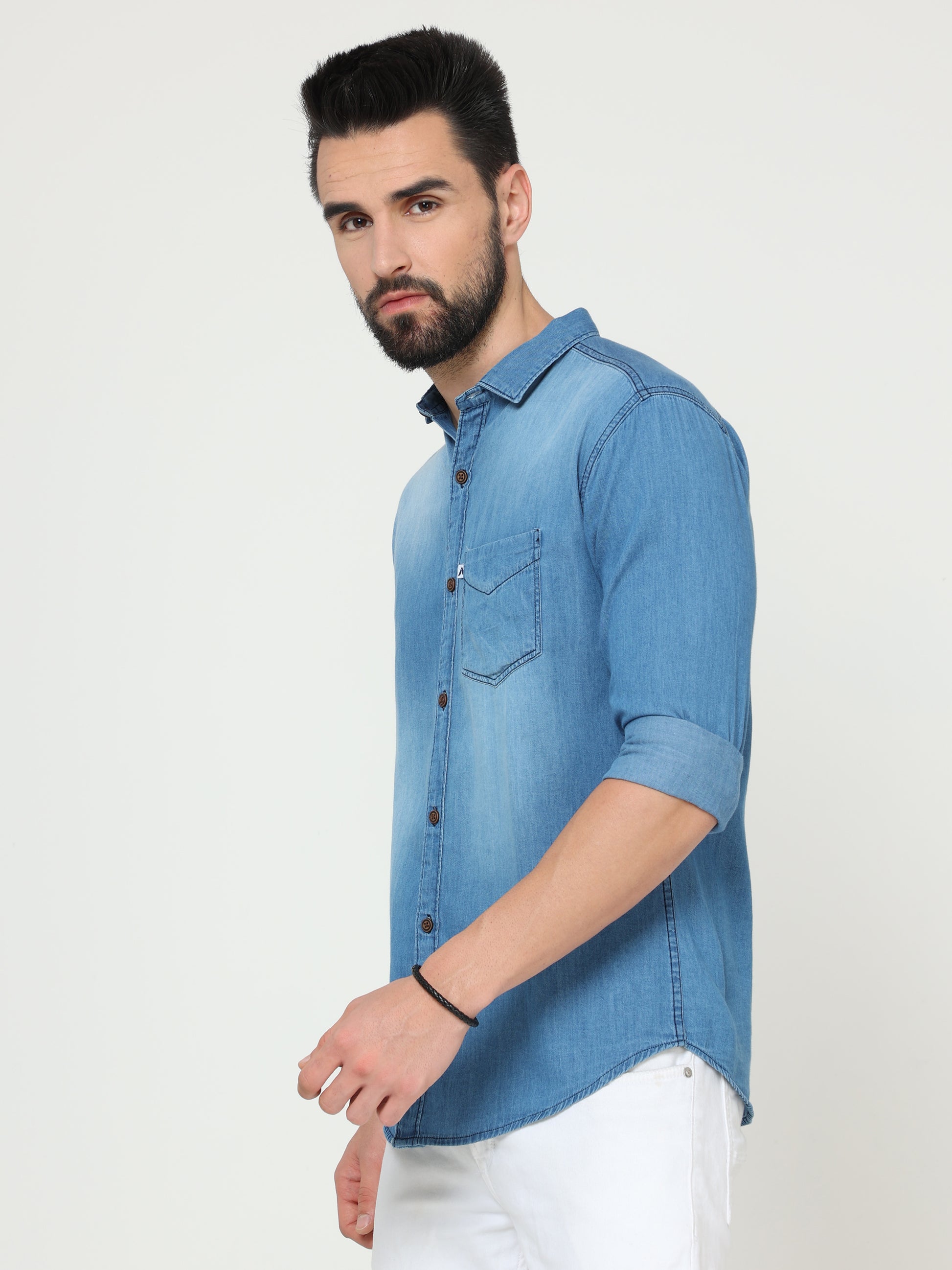 Shade Single Pocket Cut Away Collor Mens Denim Shirts Long Sleeve