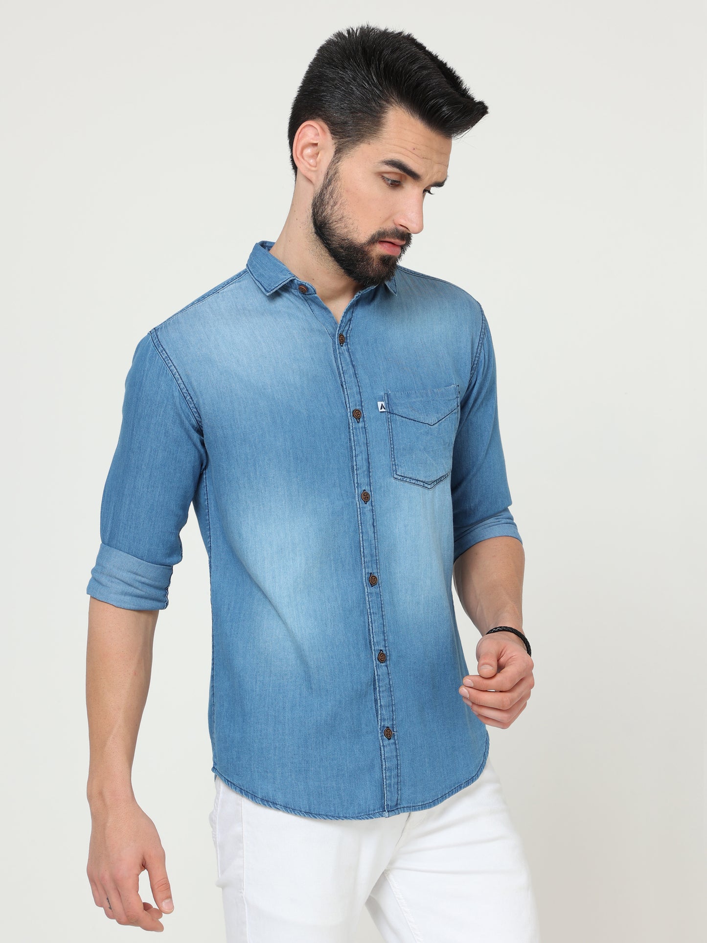 Shade Single Pocket Cut Away Collor Mens Denim Shirts Long Sleeve