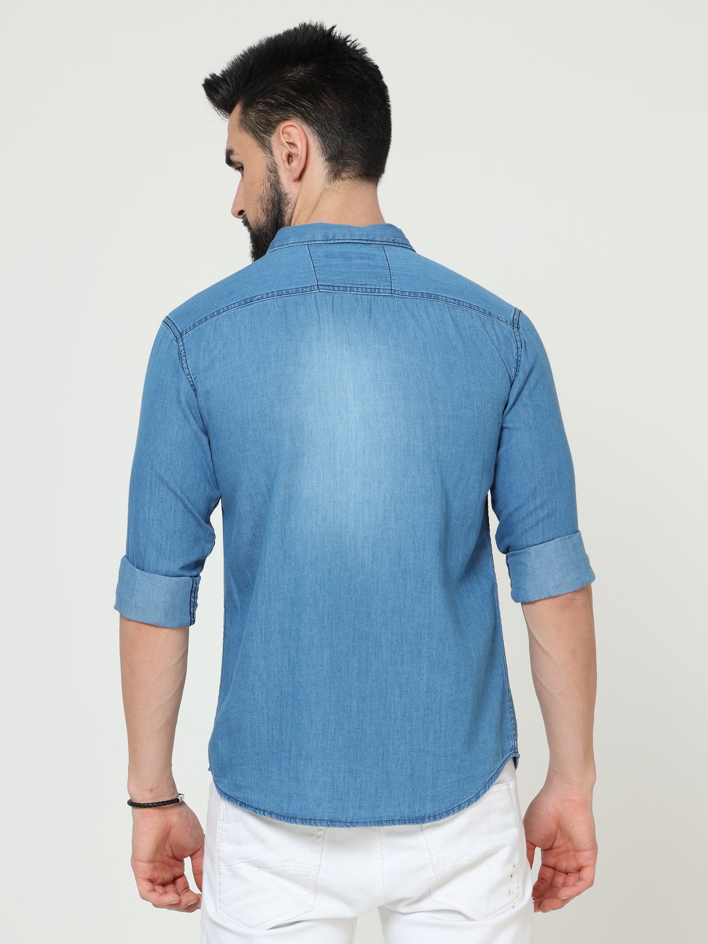 Shade Single Pocket Cut Away Collor Mens Denim Shirts Long Sleeve