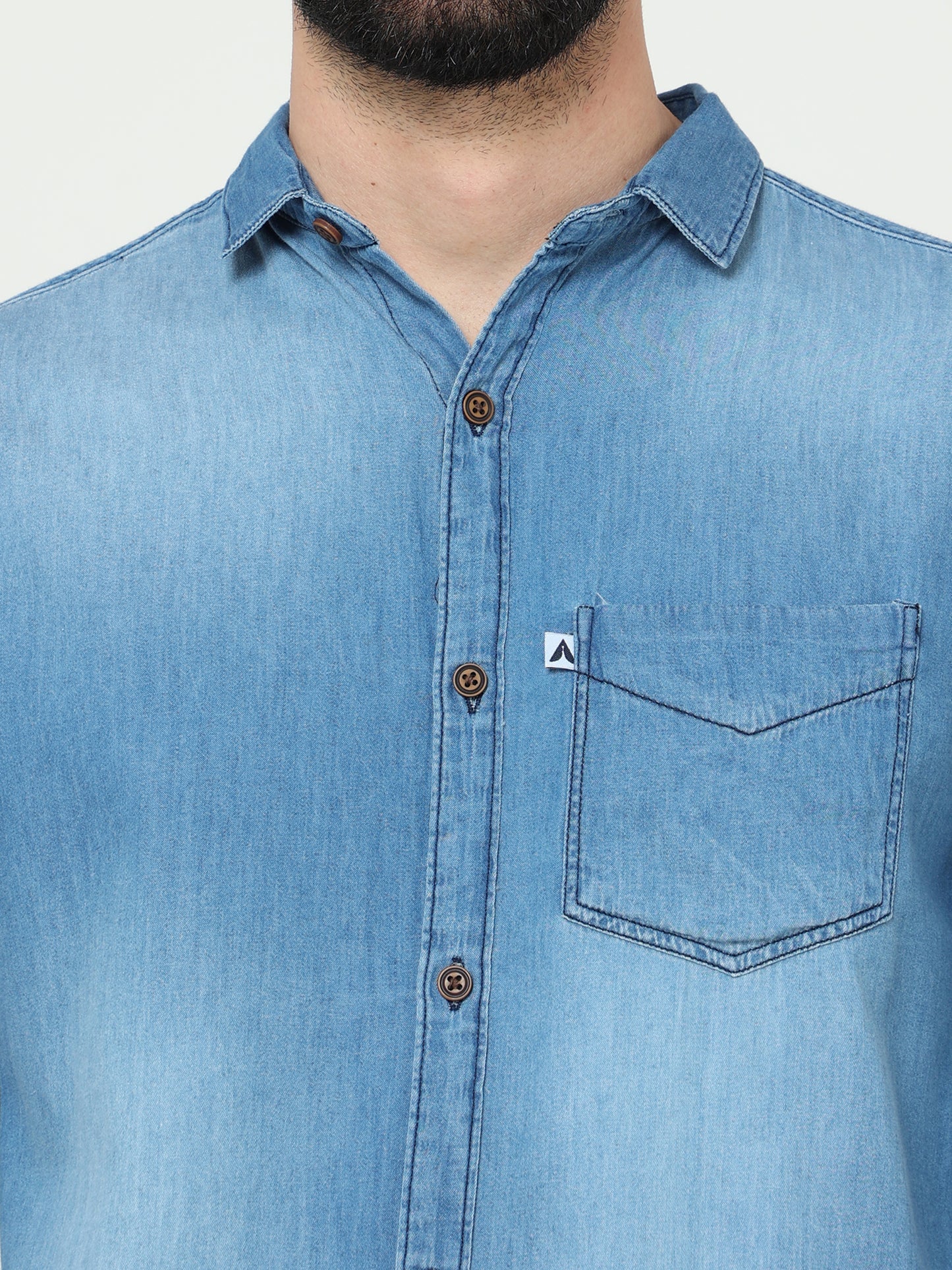 Shade Single Pocket Cut Away Collor Mens Denim Shirts Long Sleeve