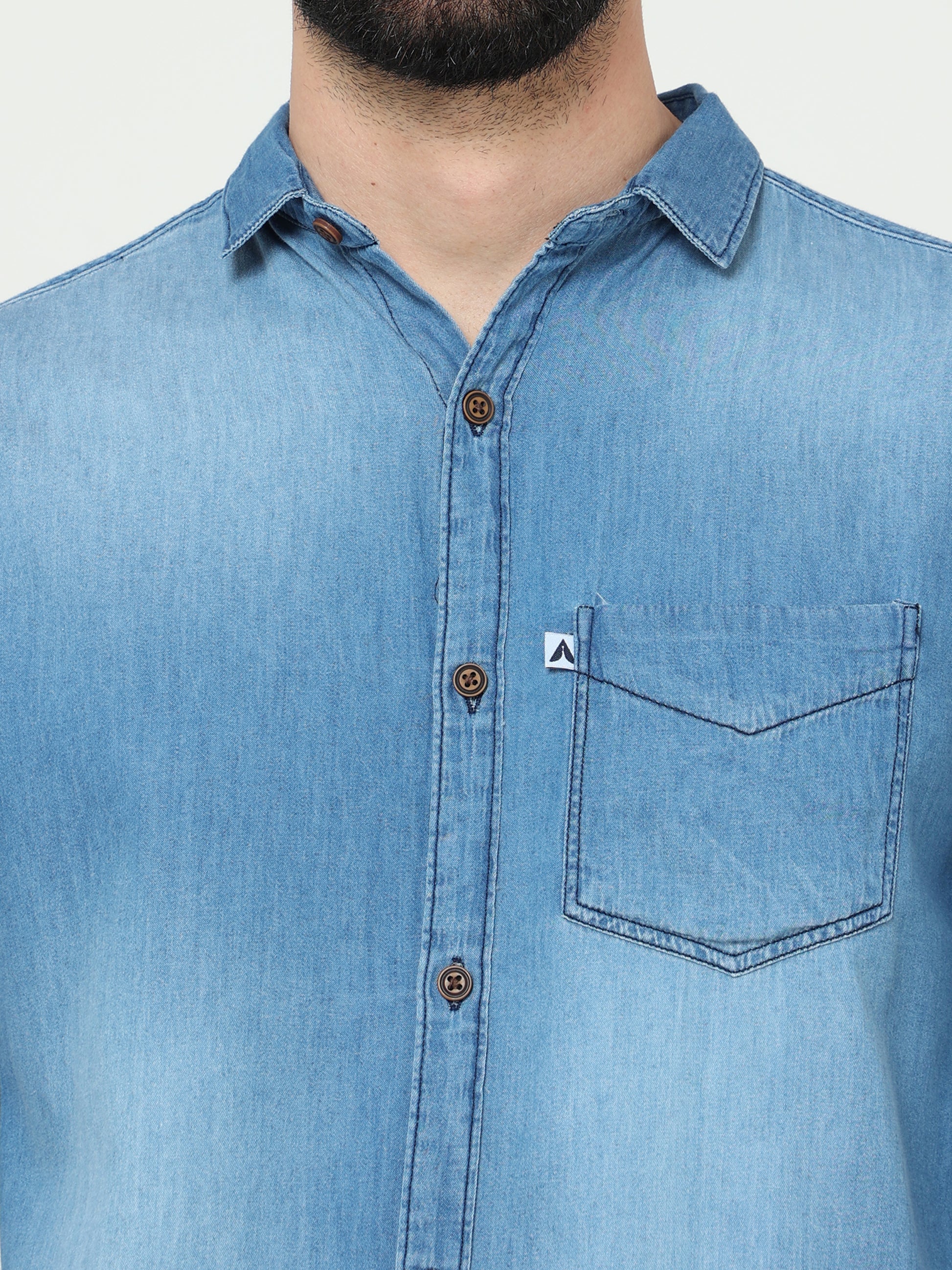 Shade Single Pocket Cut Away Collor Mens Denim Shirts Long Sleeve