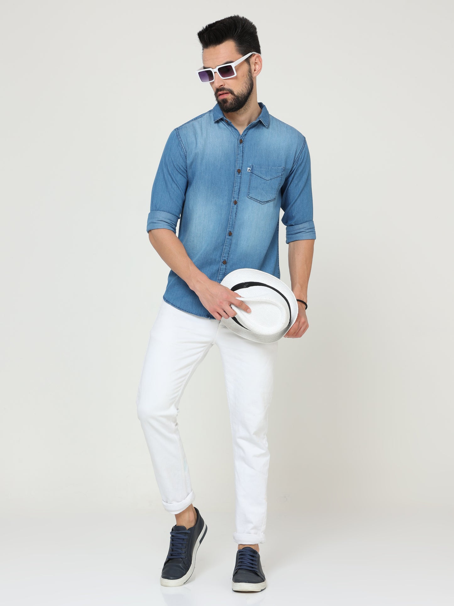 Shade Single Pocket Cut Away Collor Mens Denim Shirts Long Sleeve