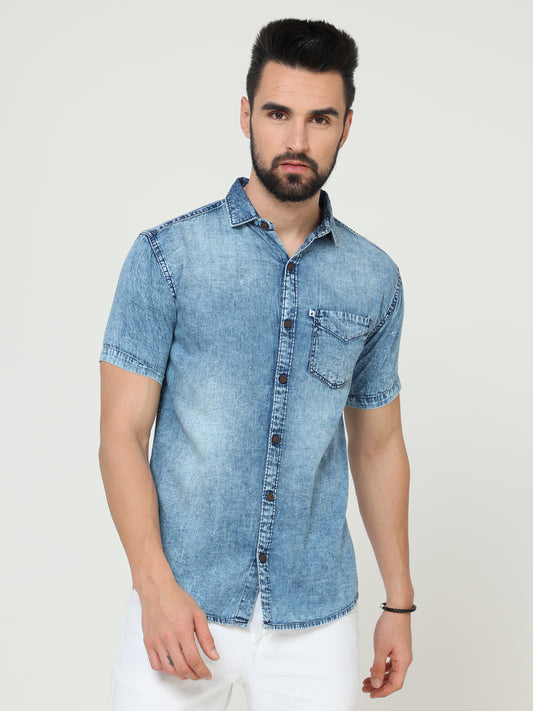 Heavy Washed Single Pocket Cut Away Collor Mens Half Sleeve Denim Shirt