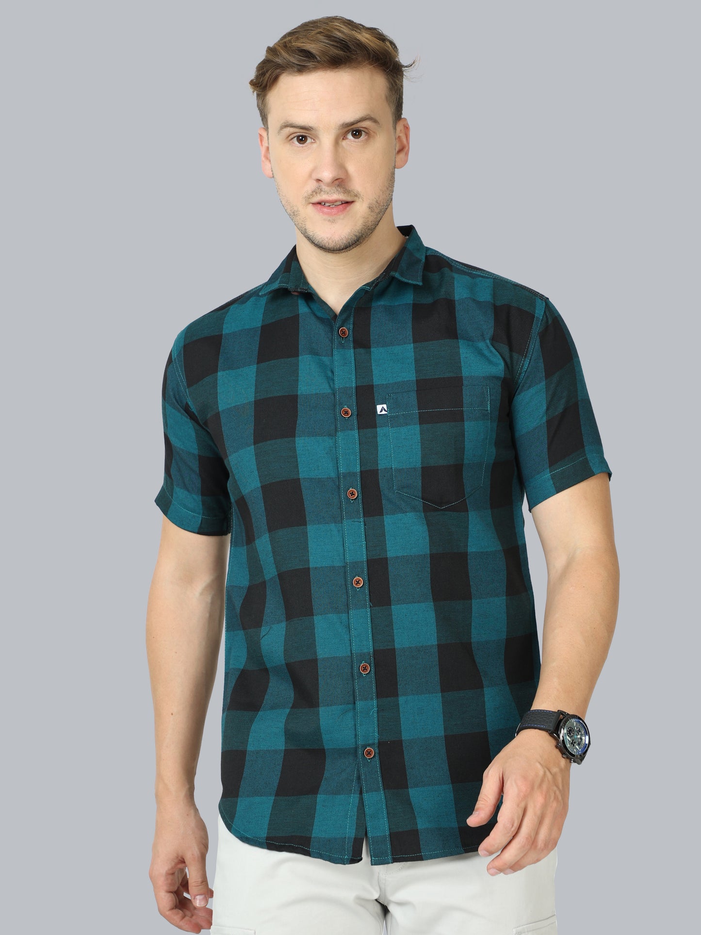 Tomtom Cotton Blend Blue Check Shirt Mens Half Sleeve