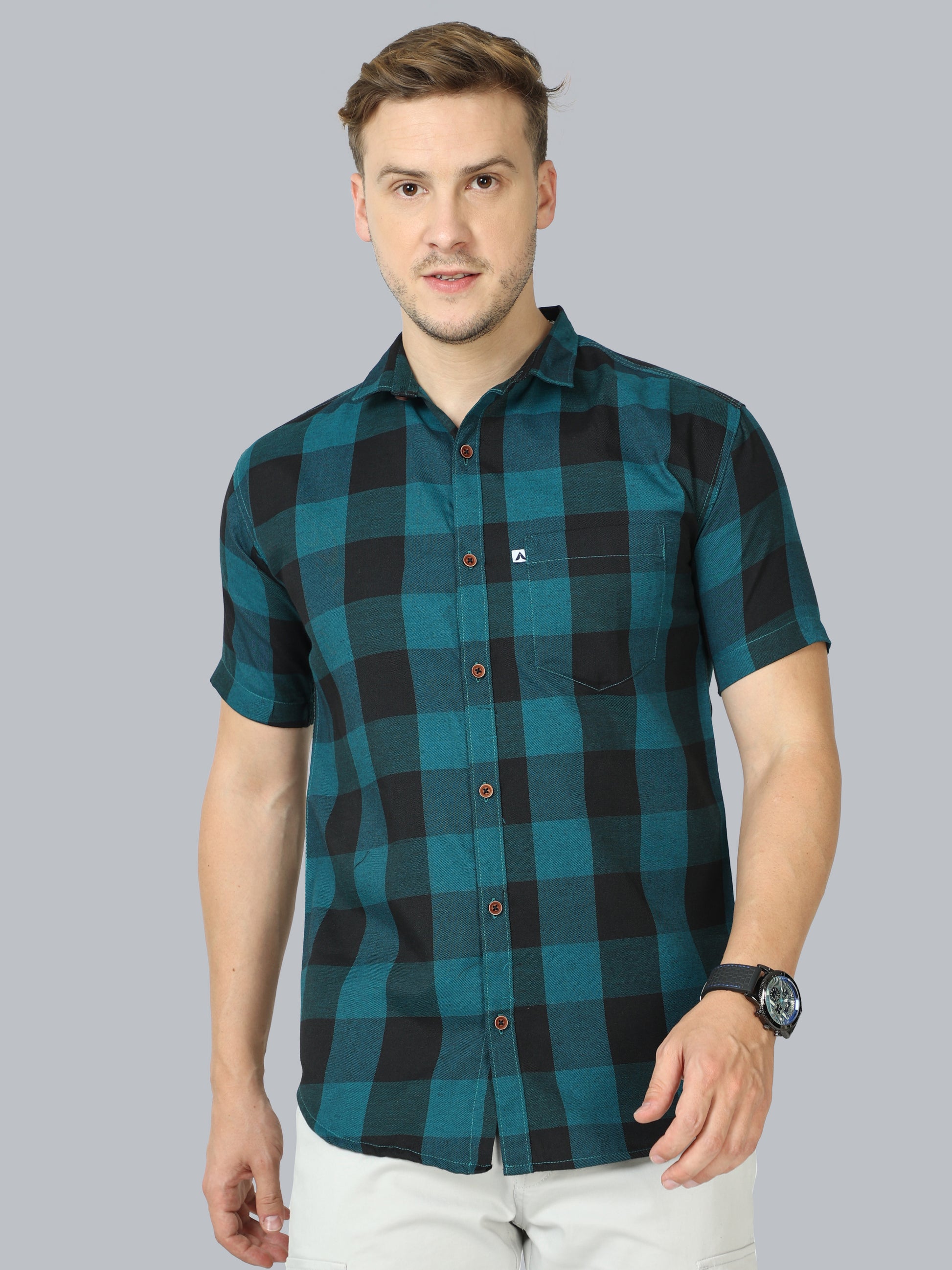 Tomtom Cotton Blend Blue Check Shirt Mens Half Sleeve