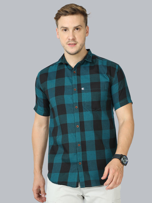 Tomtom Cotton Blend Blue Check Shirt Mens Half Sleeve
